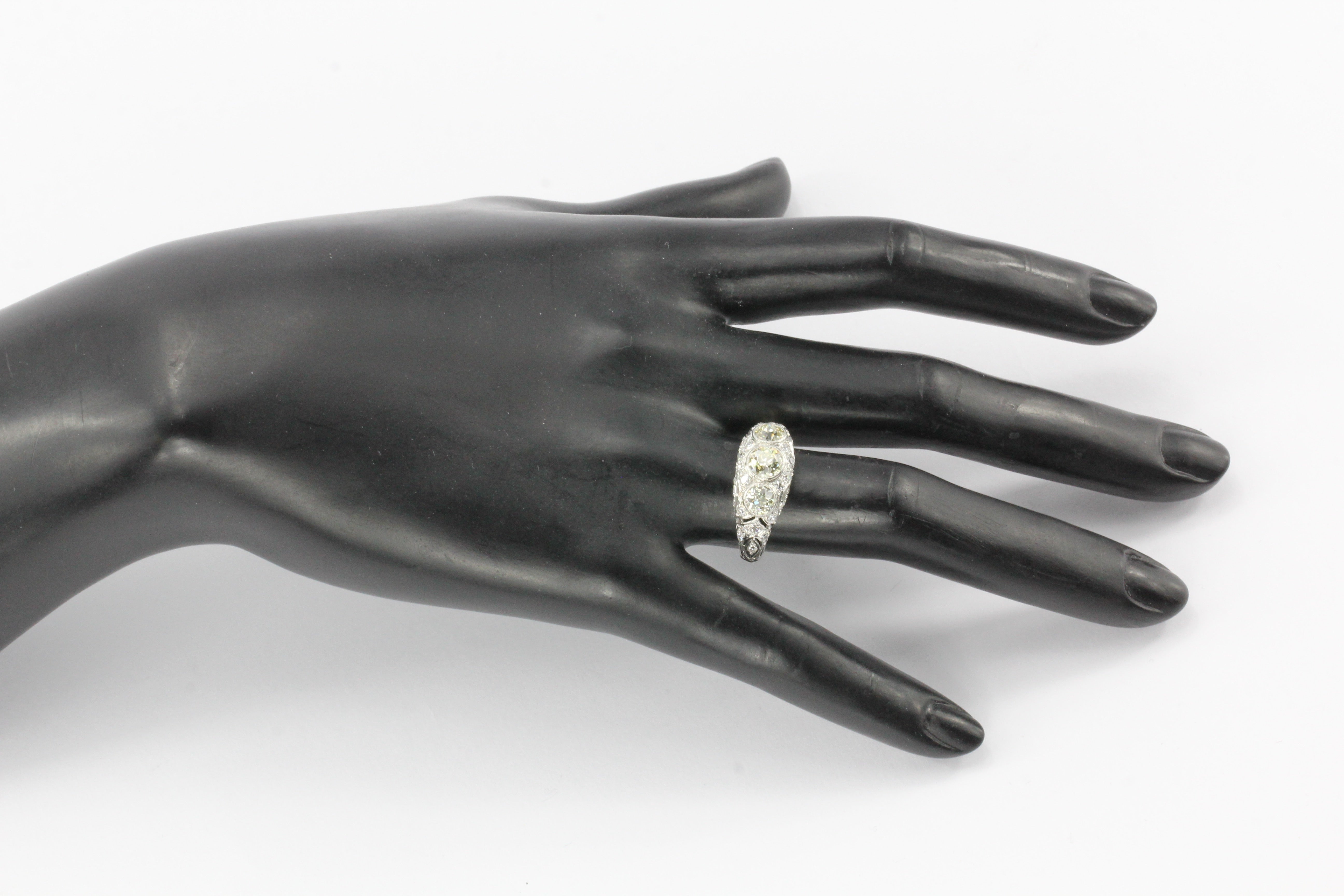 Art Deco Platinum Old European Cut Fancy Light Yellow 3 Stone Cluster Ring C.1920's - Queen May