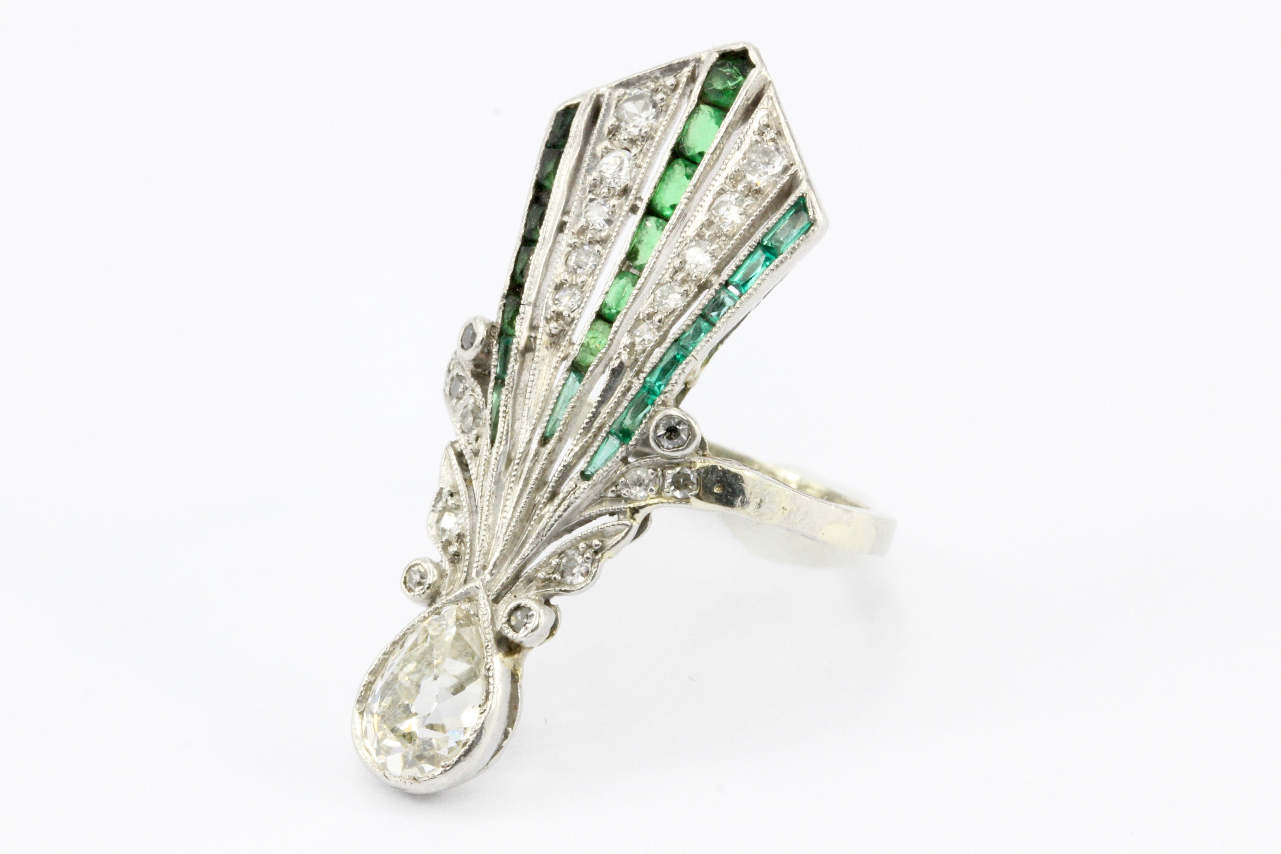 Art Deco 14K White Gold Diamond & Emerald Fan Ring c.1920's - Queen May