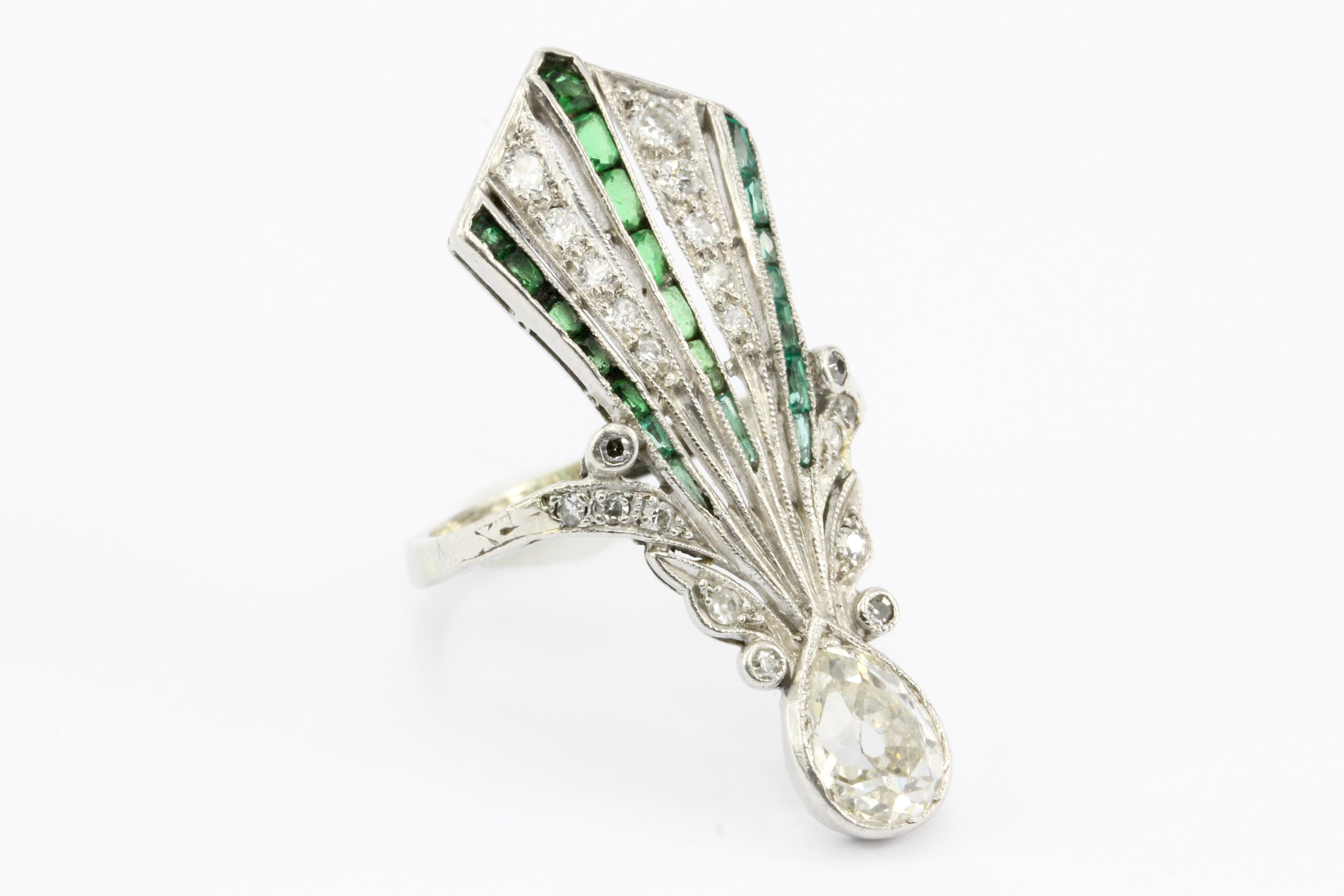 Art Deco 14K White Gold Diamond & Emerald Fan Ring c.1920's - Queen May