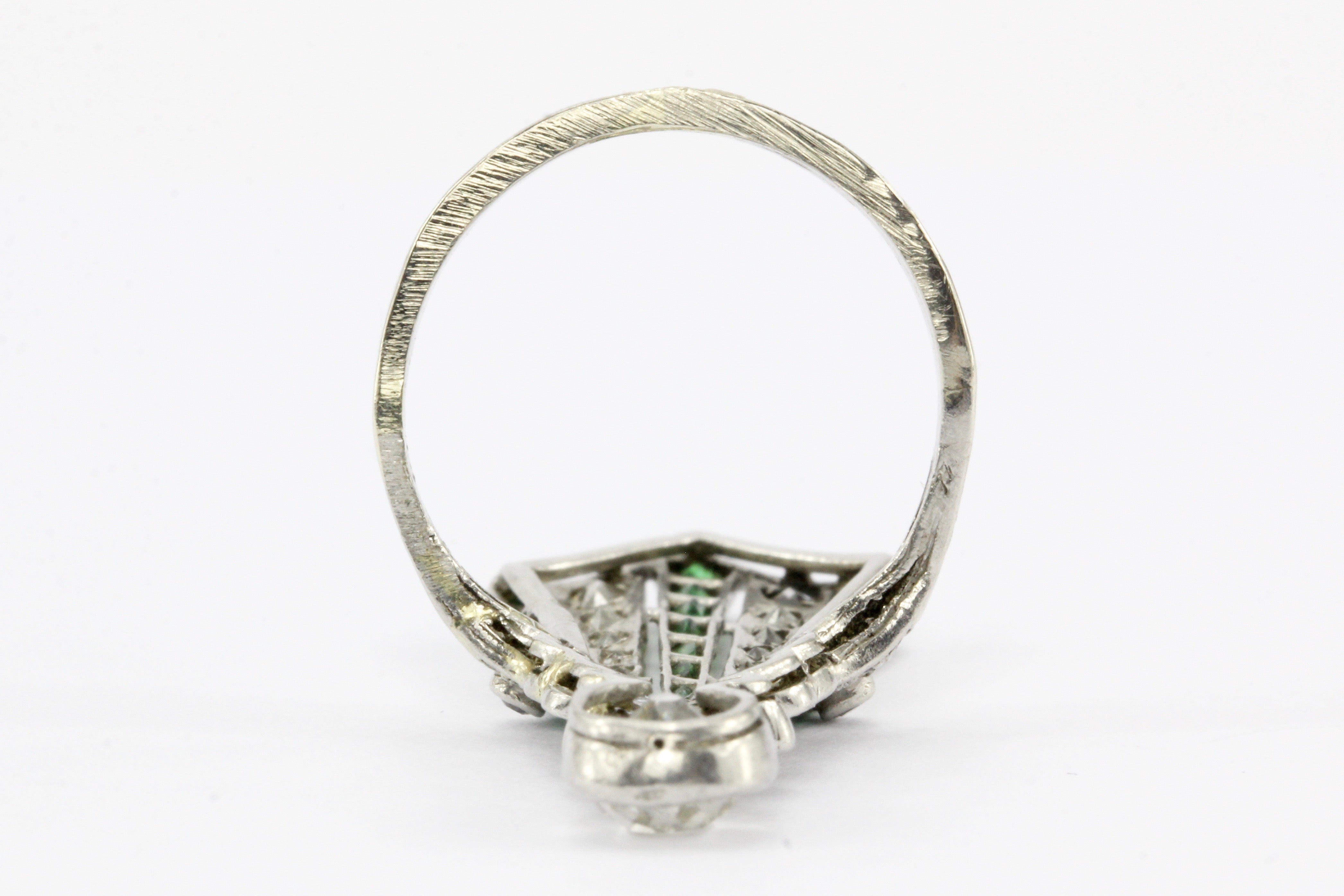 Art Deco 14K White Gold Diamond & Emerald Fan Ring c.1920's - Queen May