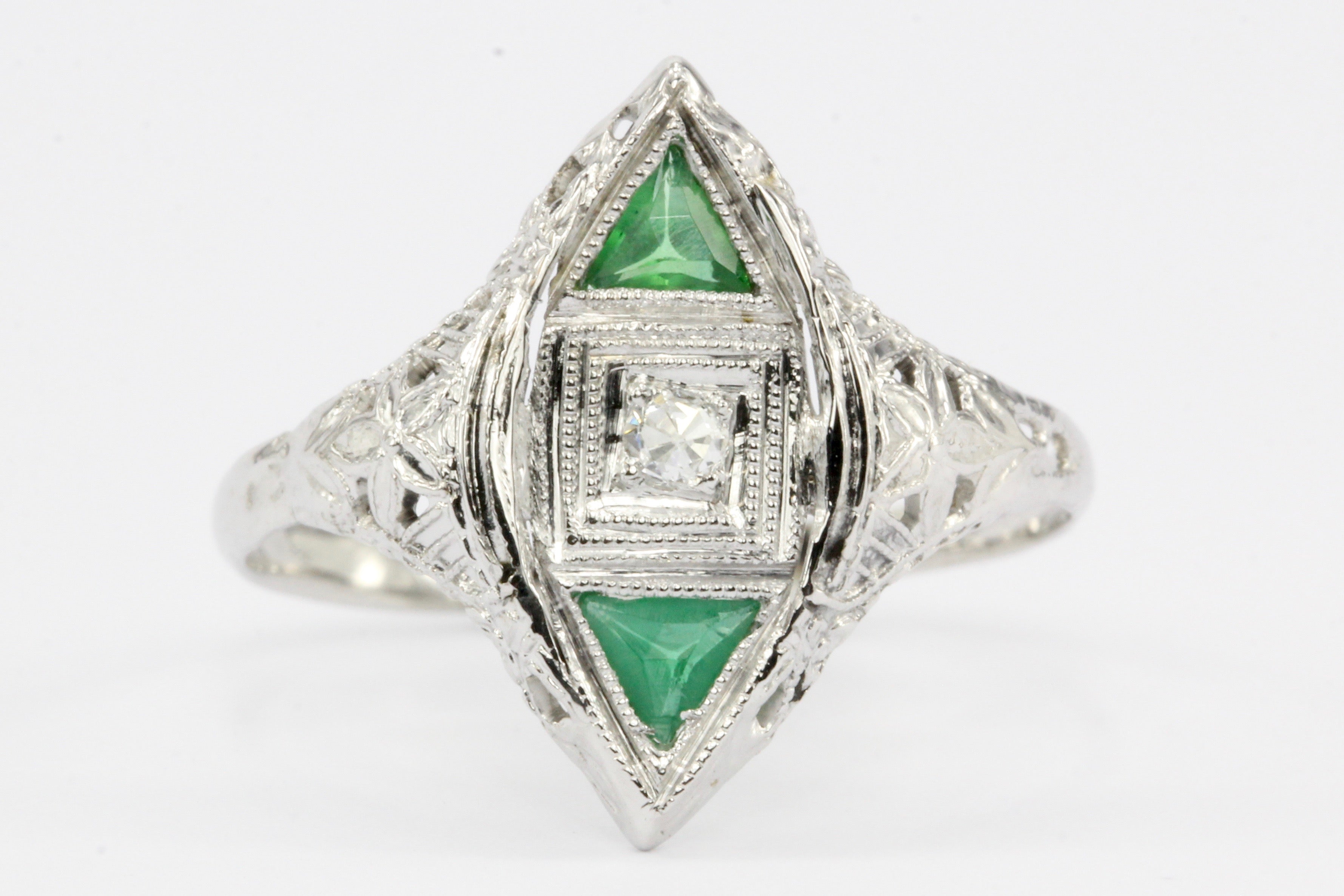 Art Deco 14K White Gold Diamond & Emerald Ring c.1920's - Queen May
