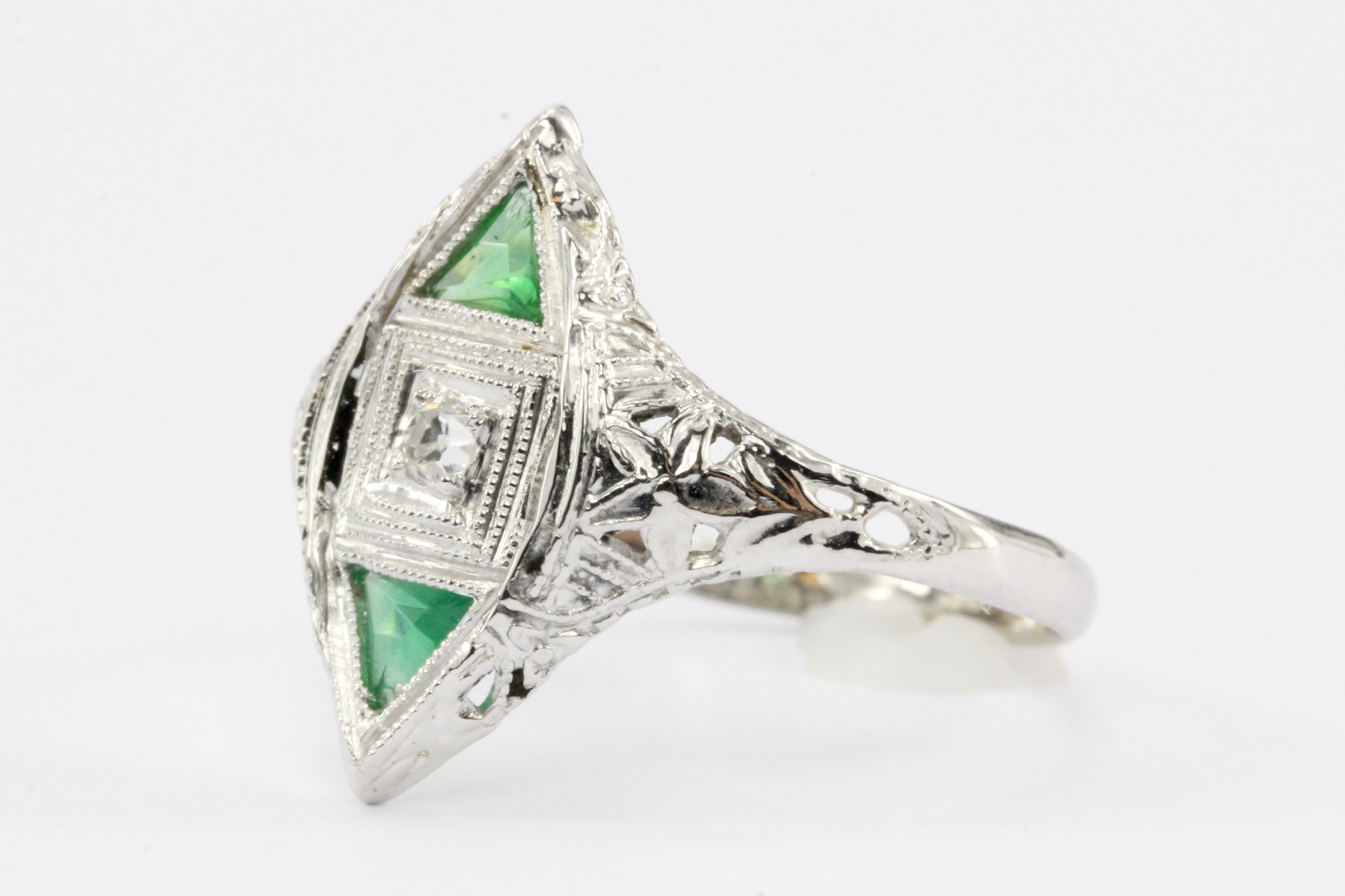 Art Deco 14K White Gold Diamond & Emerald Ring c.1920's - Queen May