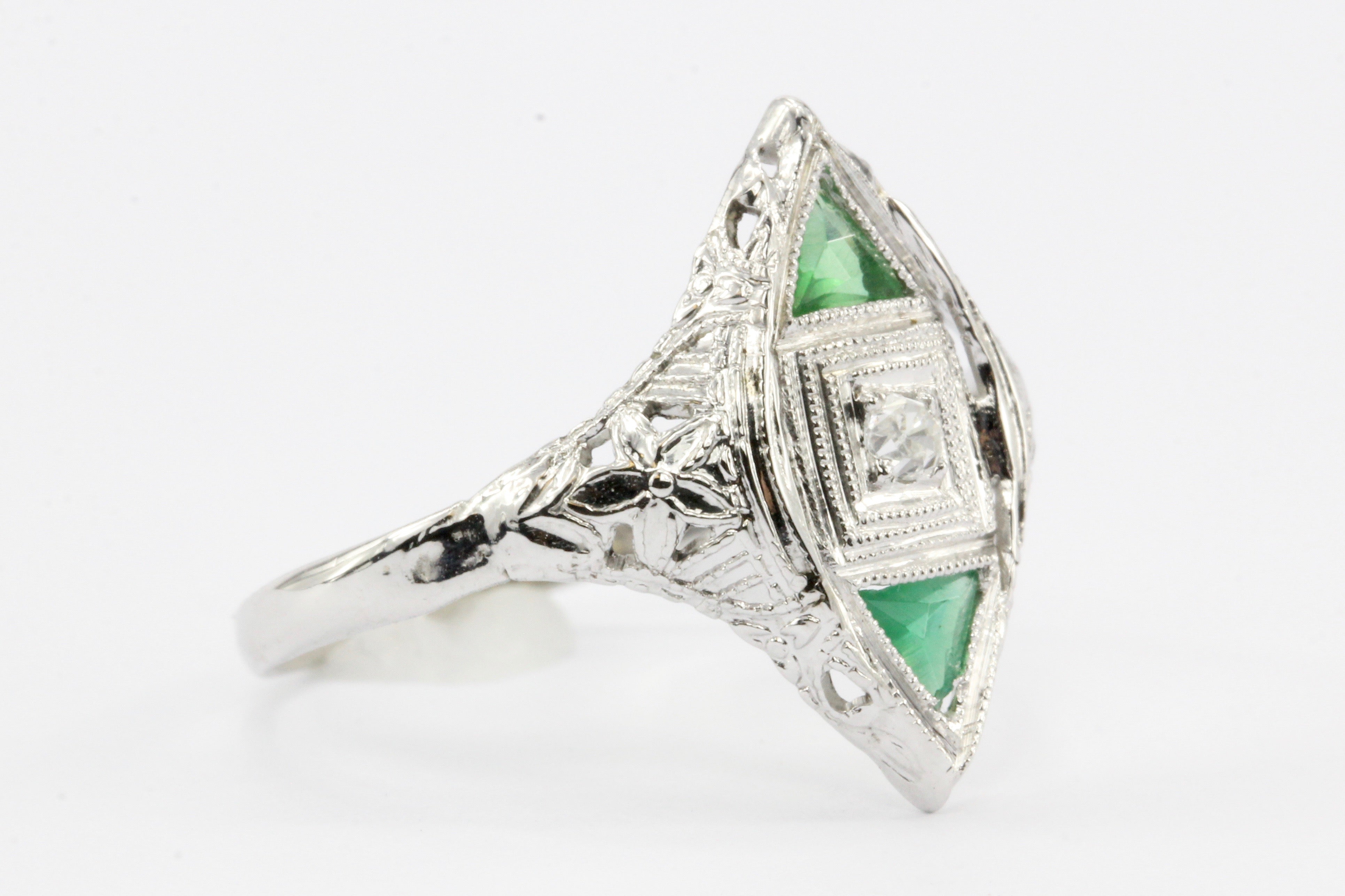 Art Deco 14K White Gold Diamond & Emerald Ring c.1920's - Queen May