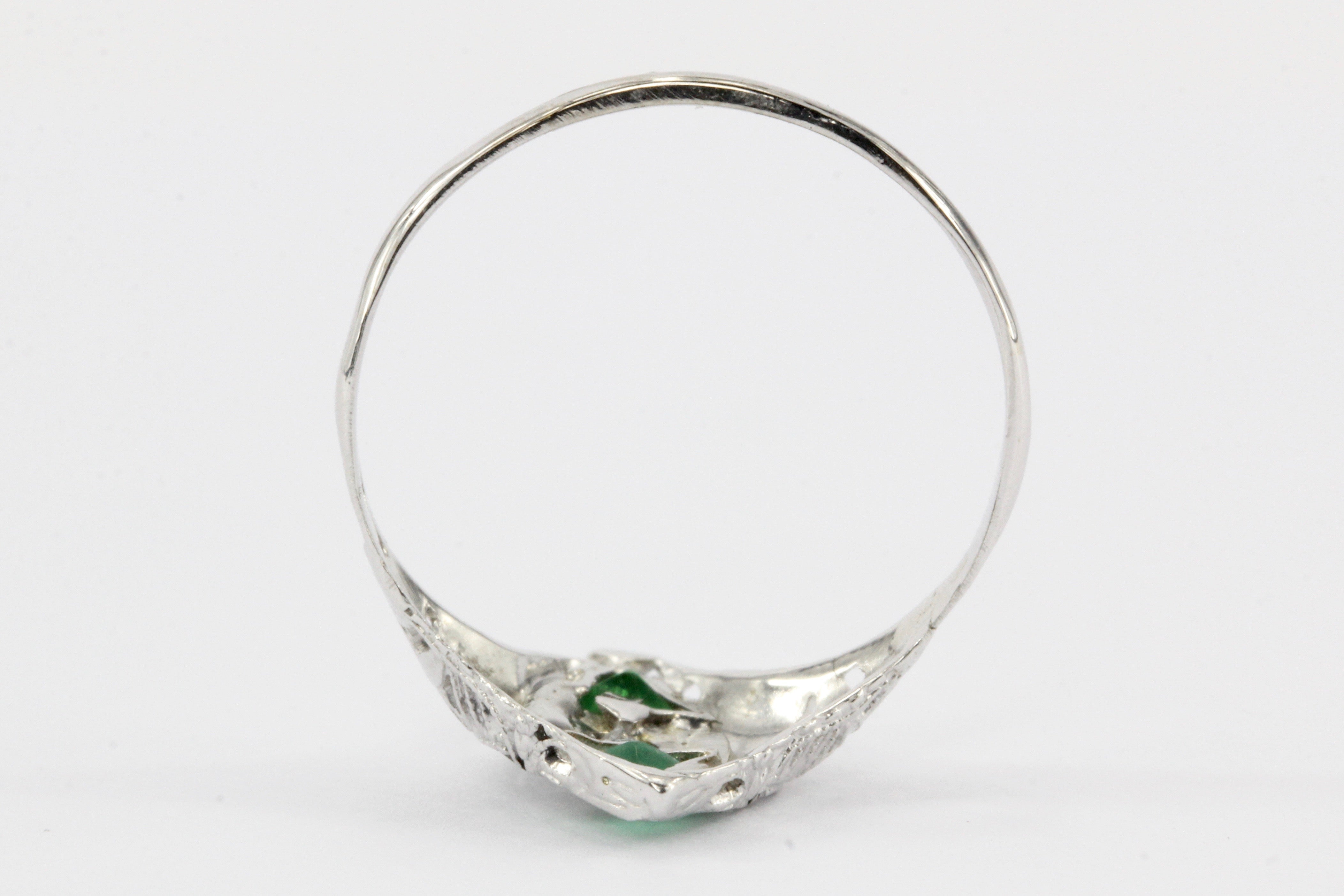 Art Deco 14K White Gold Diamond & Emerald Ring c.1920's - Queen May