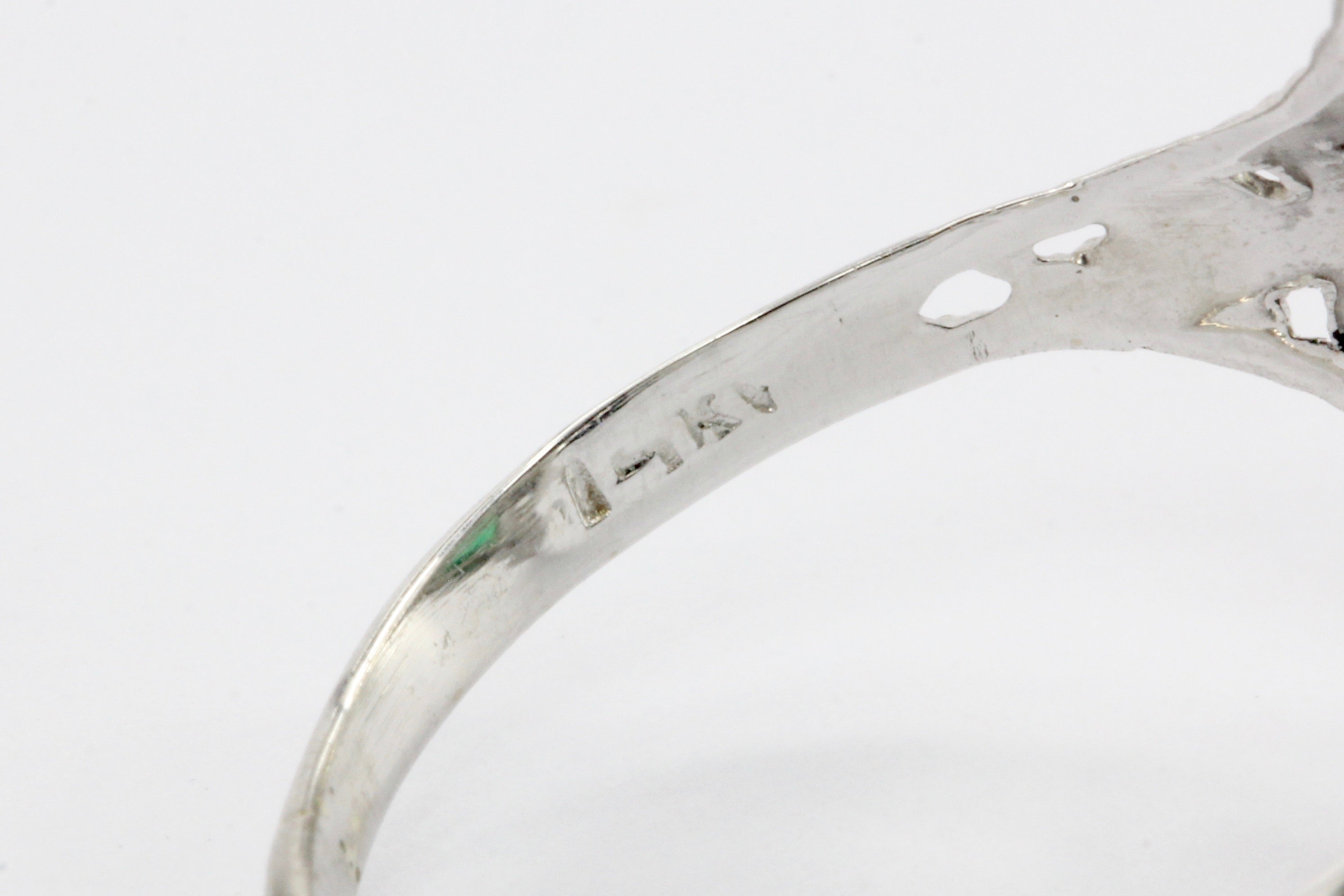 Art Deco 14K White Gold Diamond & Emerald Ring c.1920's - Queen May