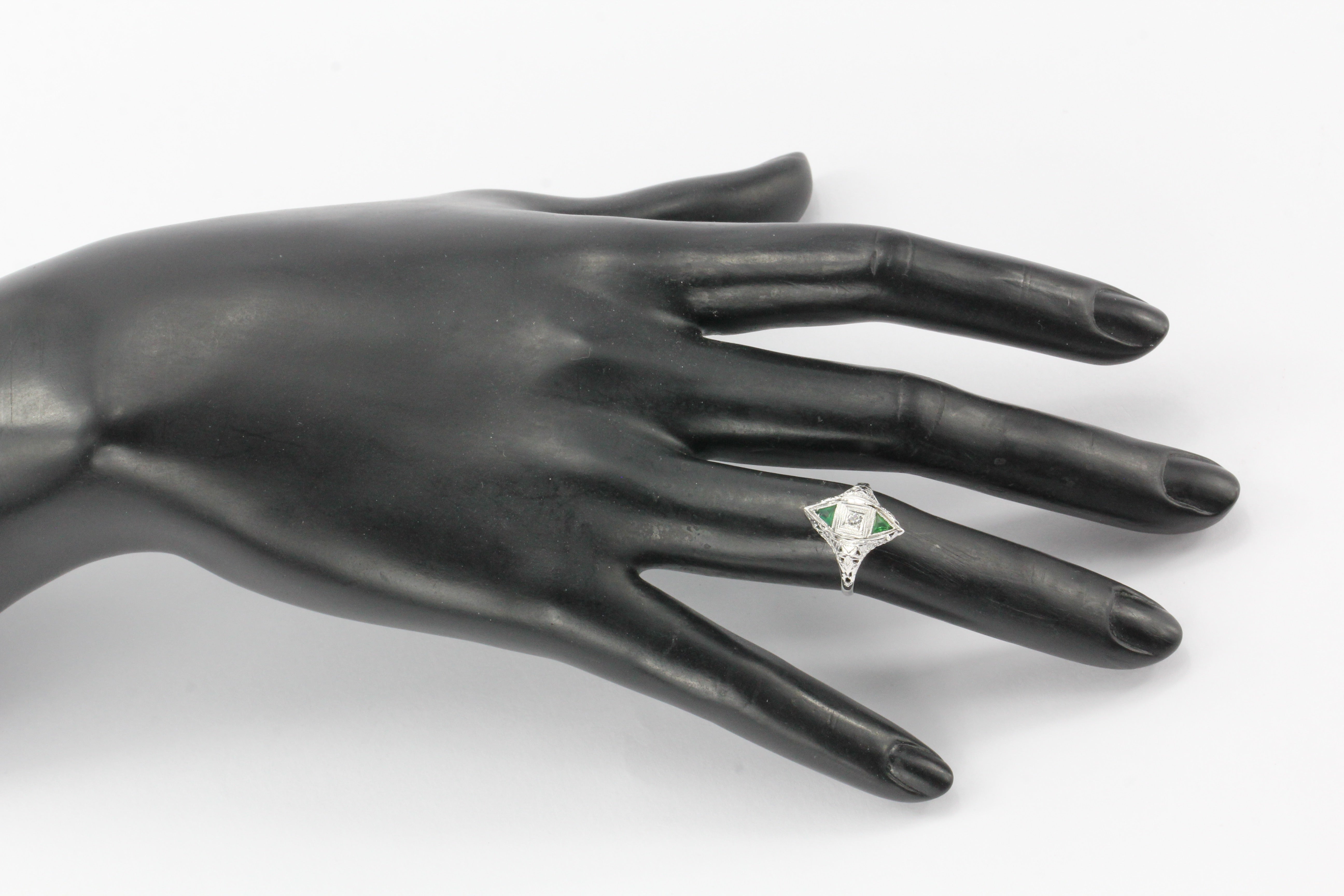 Art Deco 14K White Gold Diamond & Emerald Ring c.1920's - Queen May