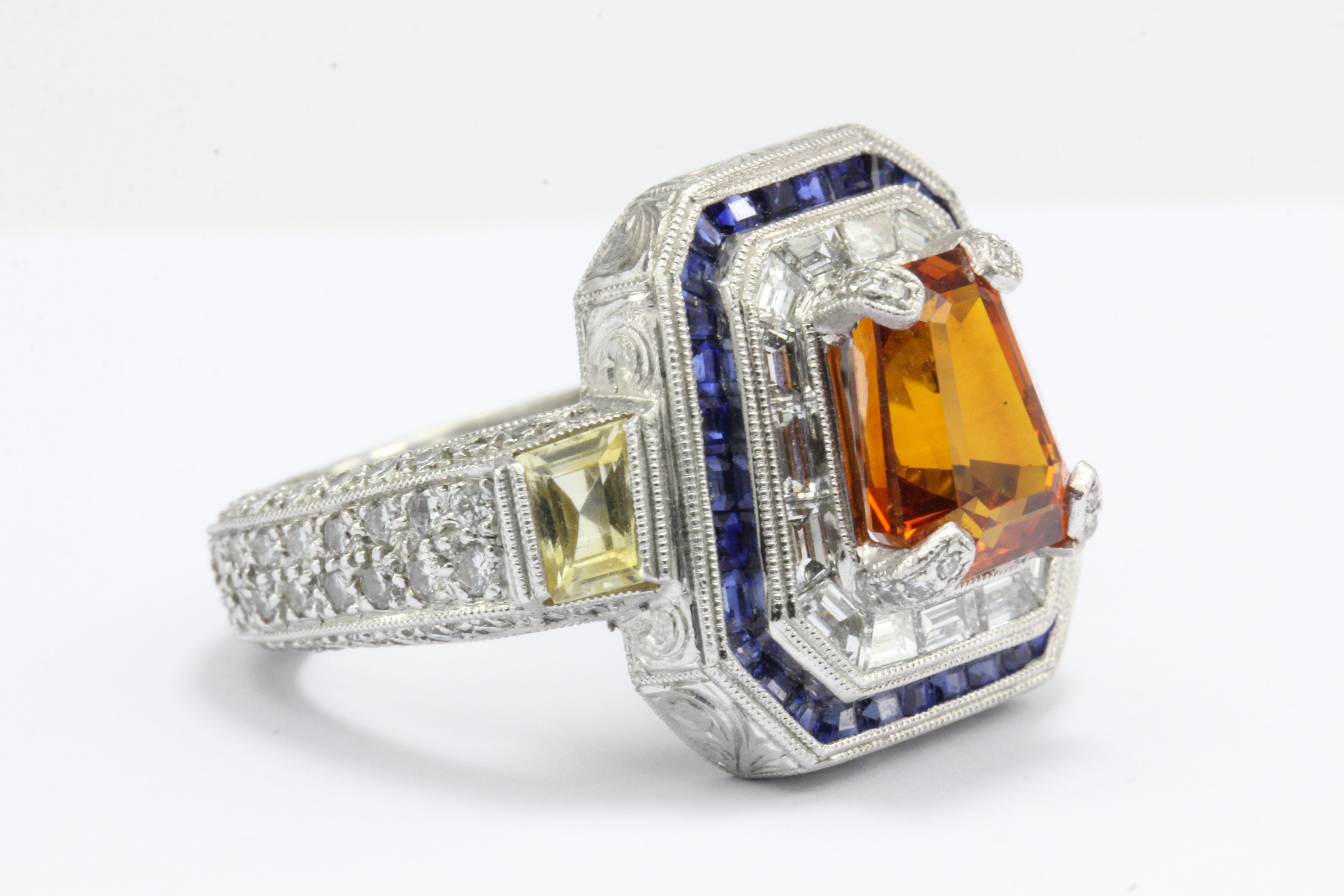 GIA Cert 18K White Gold Orang, Blue, Yellow Sapphire and Diamond Statement Ring - Queen May