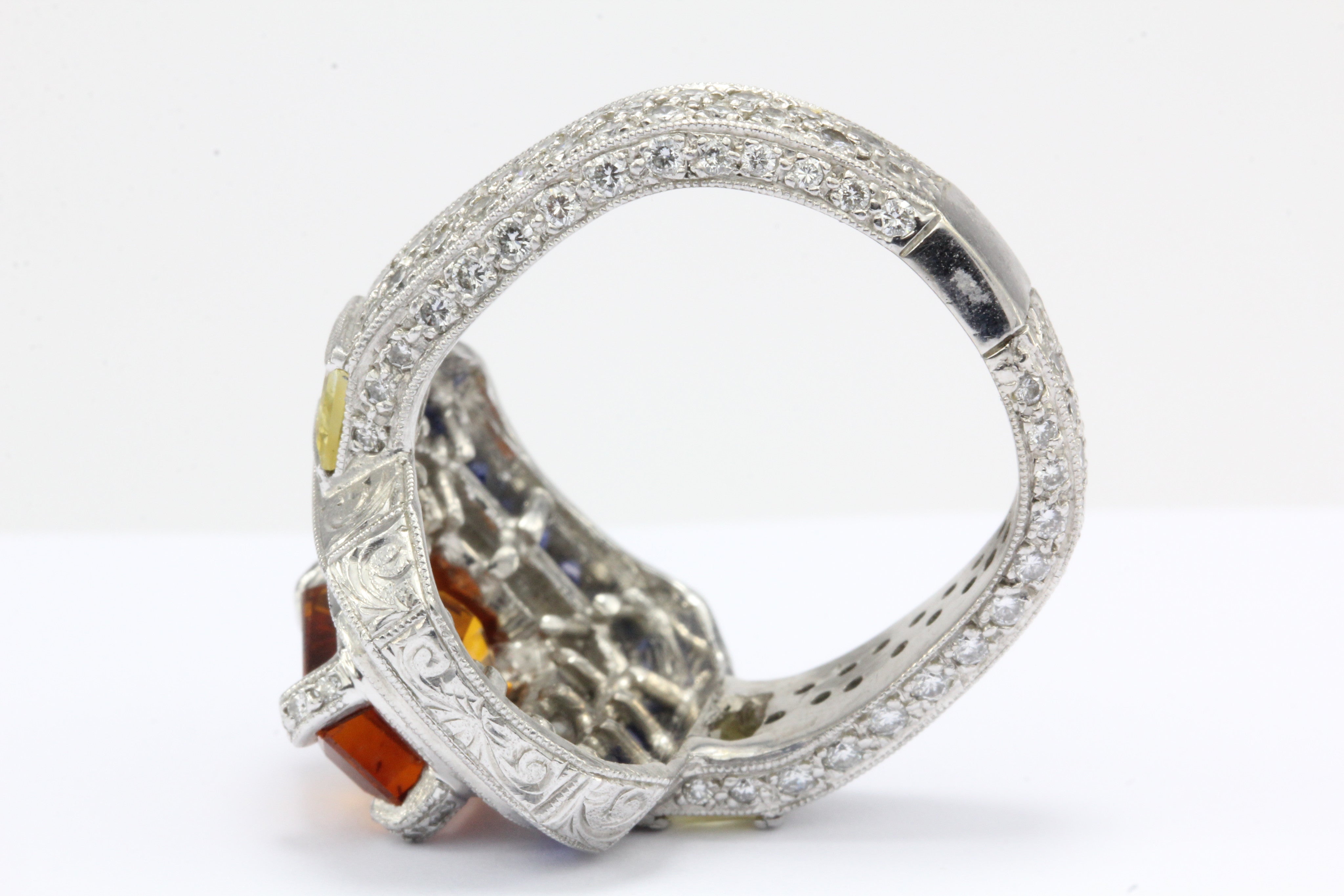 GIA Cert 18K White Gold Orang, Blue, Yellow Sapphire and Diamond Statement Ring - Queen May