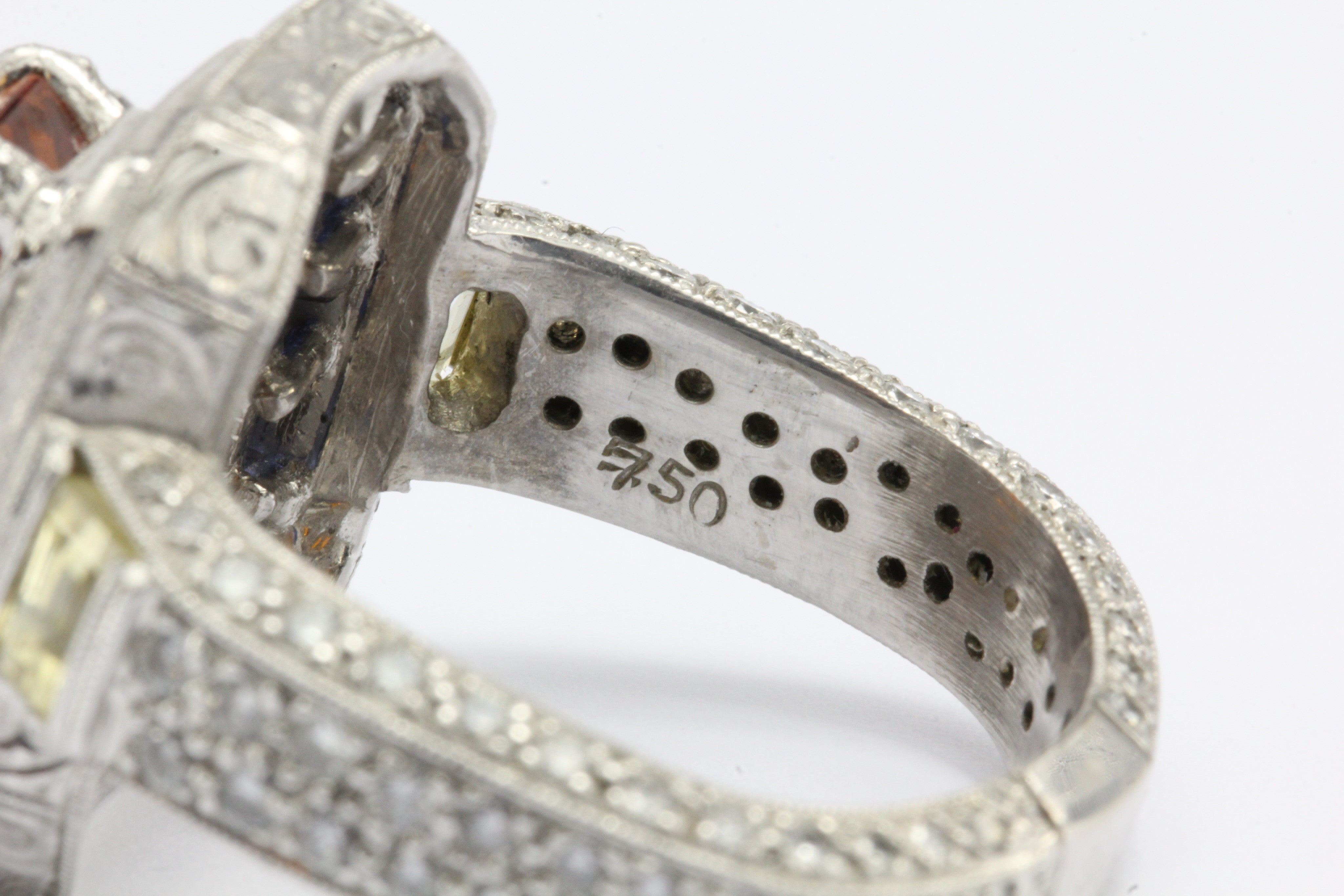 GIA Cert 18K White Gold Orang, Blue, Yellow Sapphire and Diamond Statement Ring - Queen May