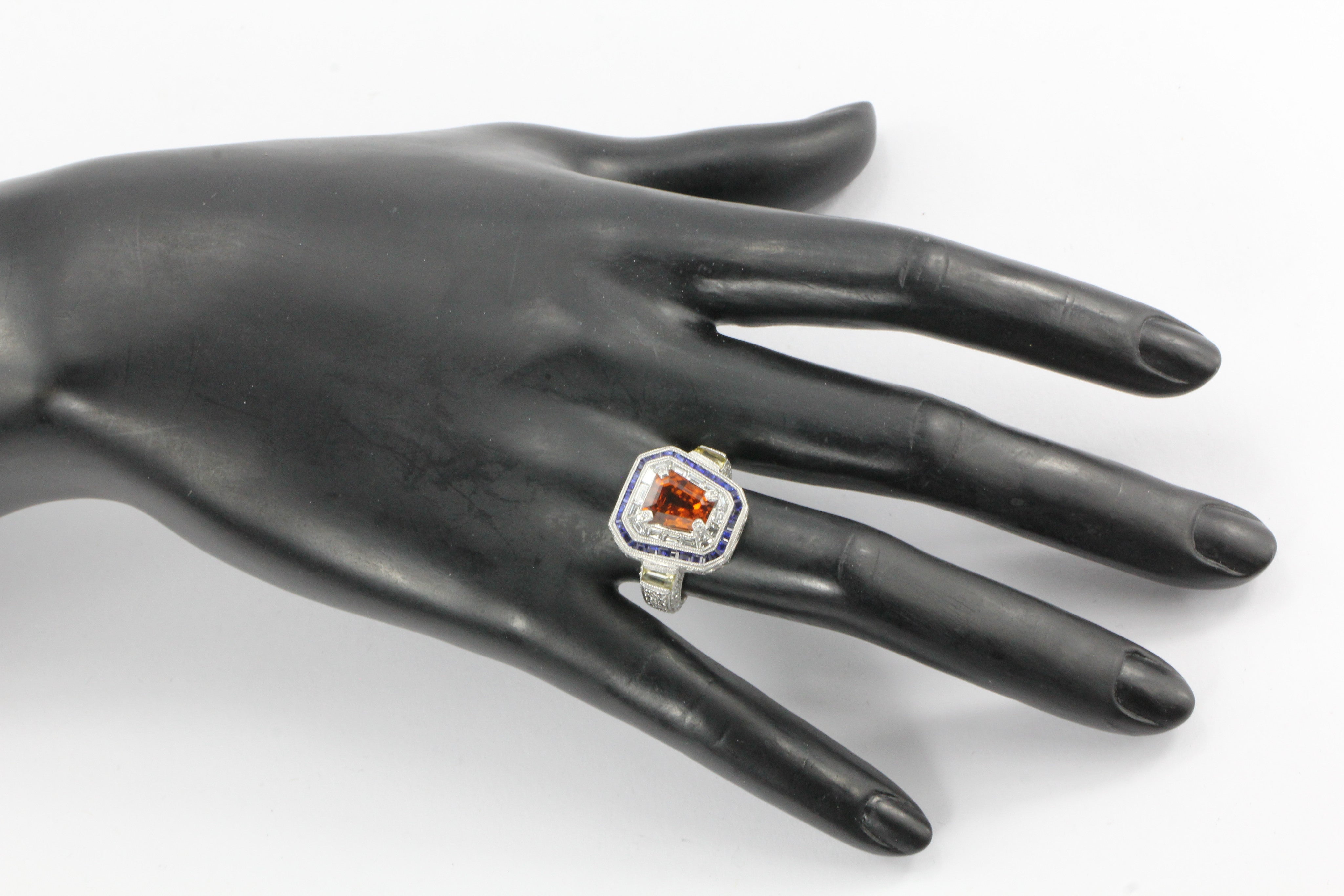 GIA Cert 18K White Gold Orang, Blue, Yellow Sapphire and Diamond Statement Ring - Queen May