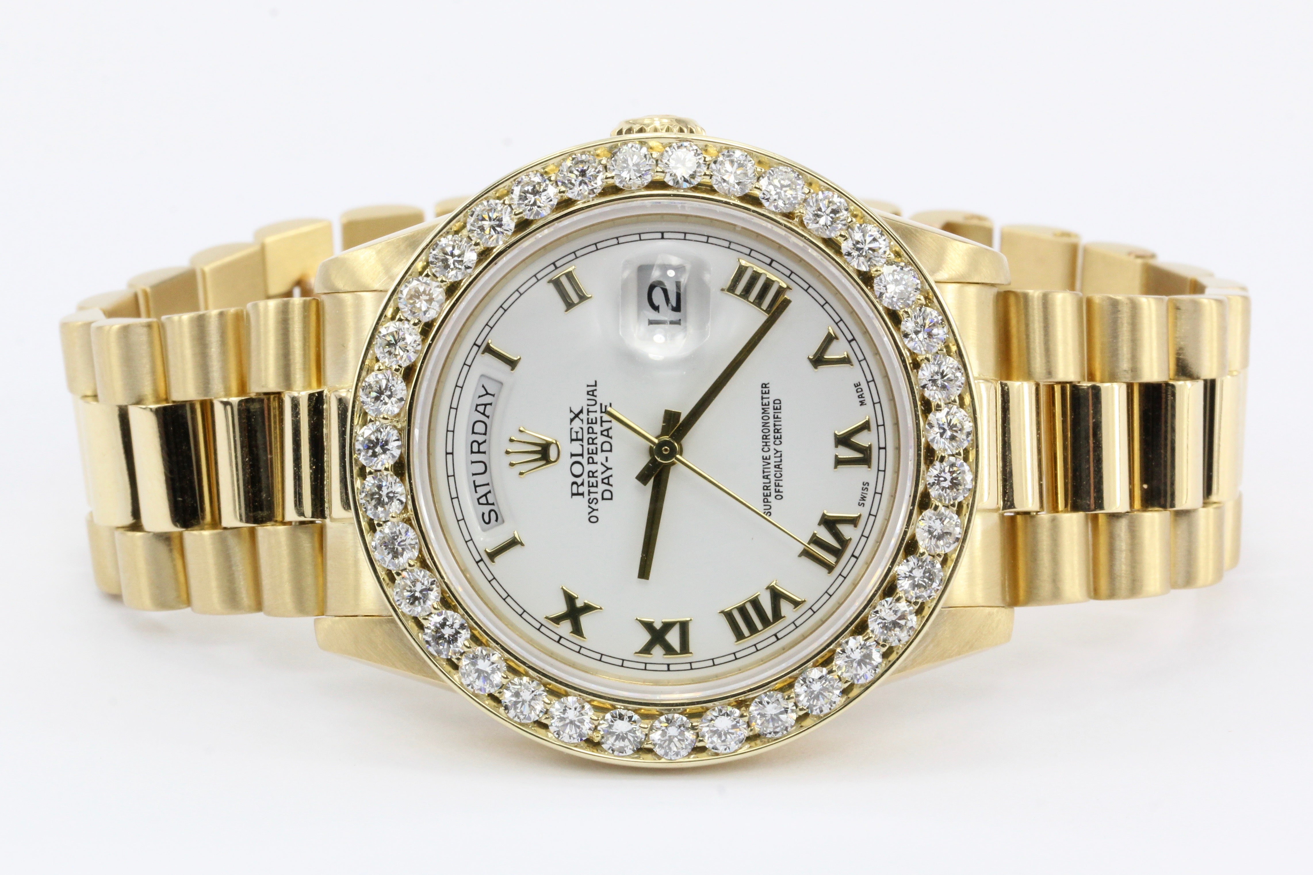 Rolex Oyster President Day-Date 18038 Diamond Bezel 18k Yellow Gold Men's Watch - Queen May