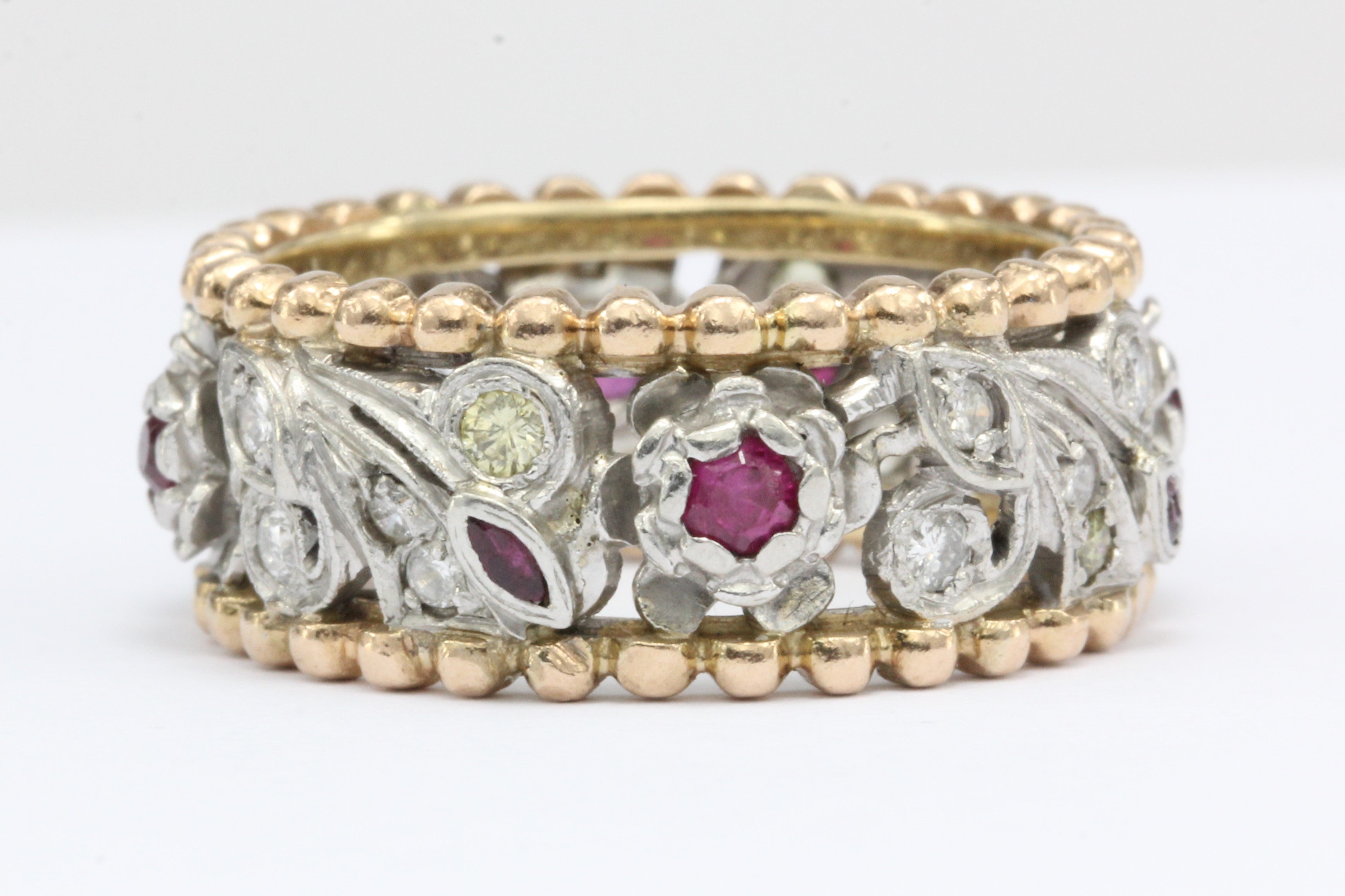 Retro Platinum & 14k Rose Gold Yellow & White Diamond Ruby Cigar Band C. 1940's - Queen May