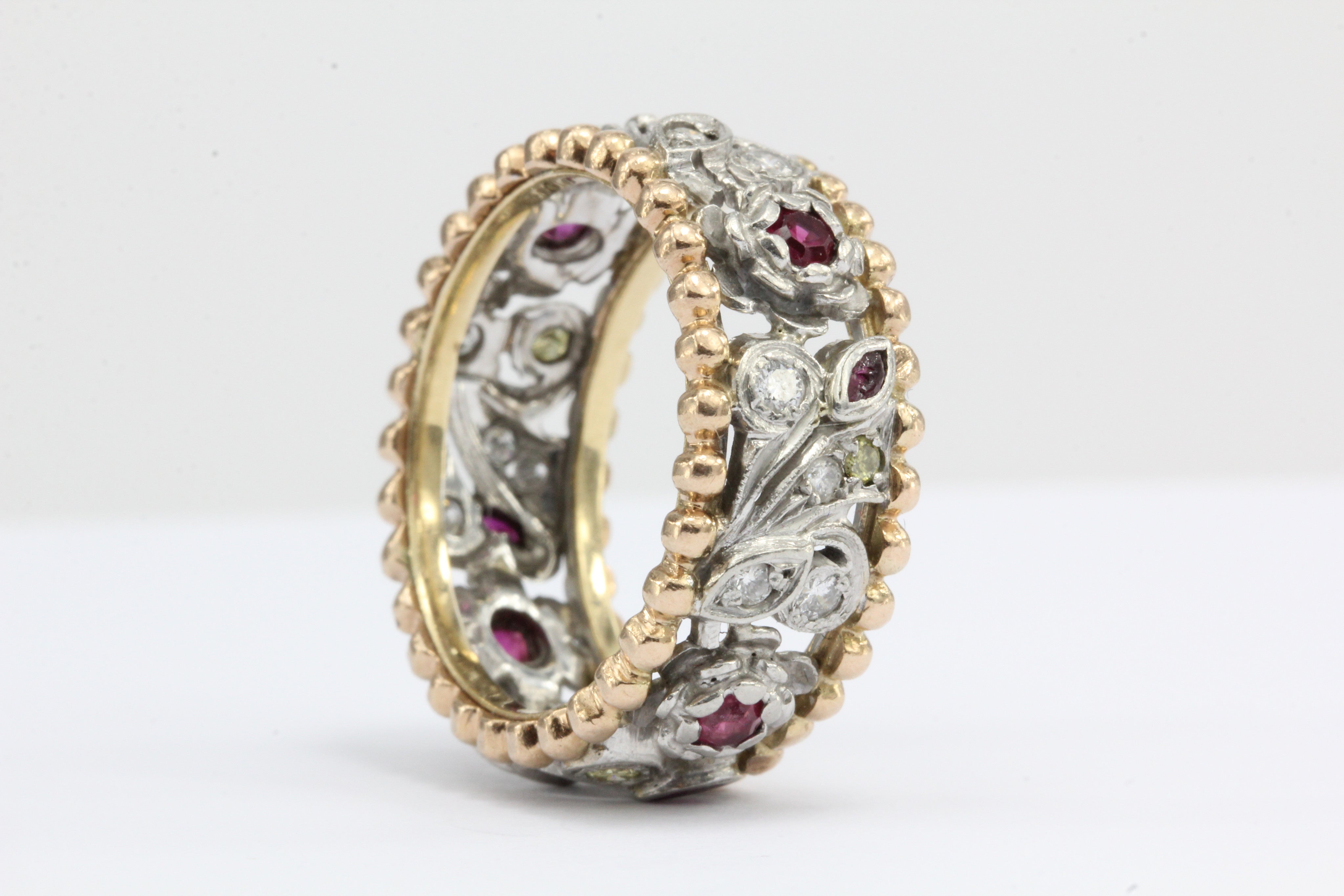 Retro Platinum & 14k Rose Gold Yellow & White Diamond Ruby Cigar Band C. 1940's - Queen May
