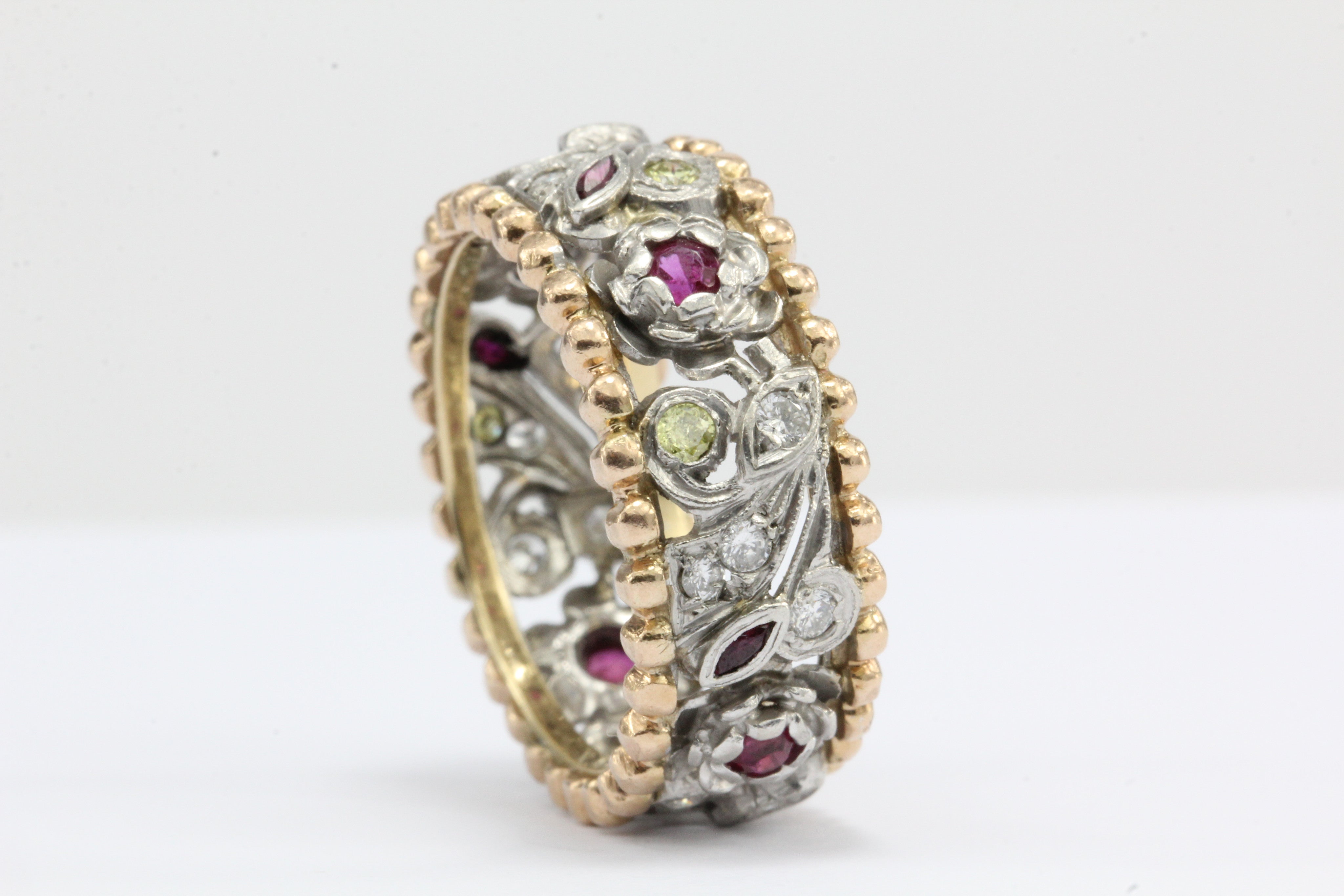 Retro Platinum & 14k Rose Gold Yellow & White Diamond Ruby Cigar Band C. 1940's - Queen May