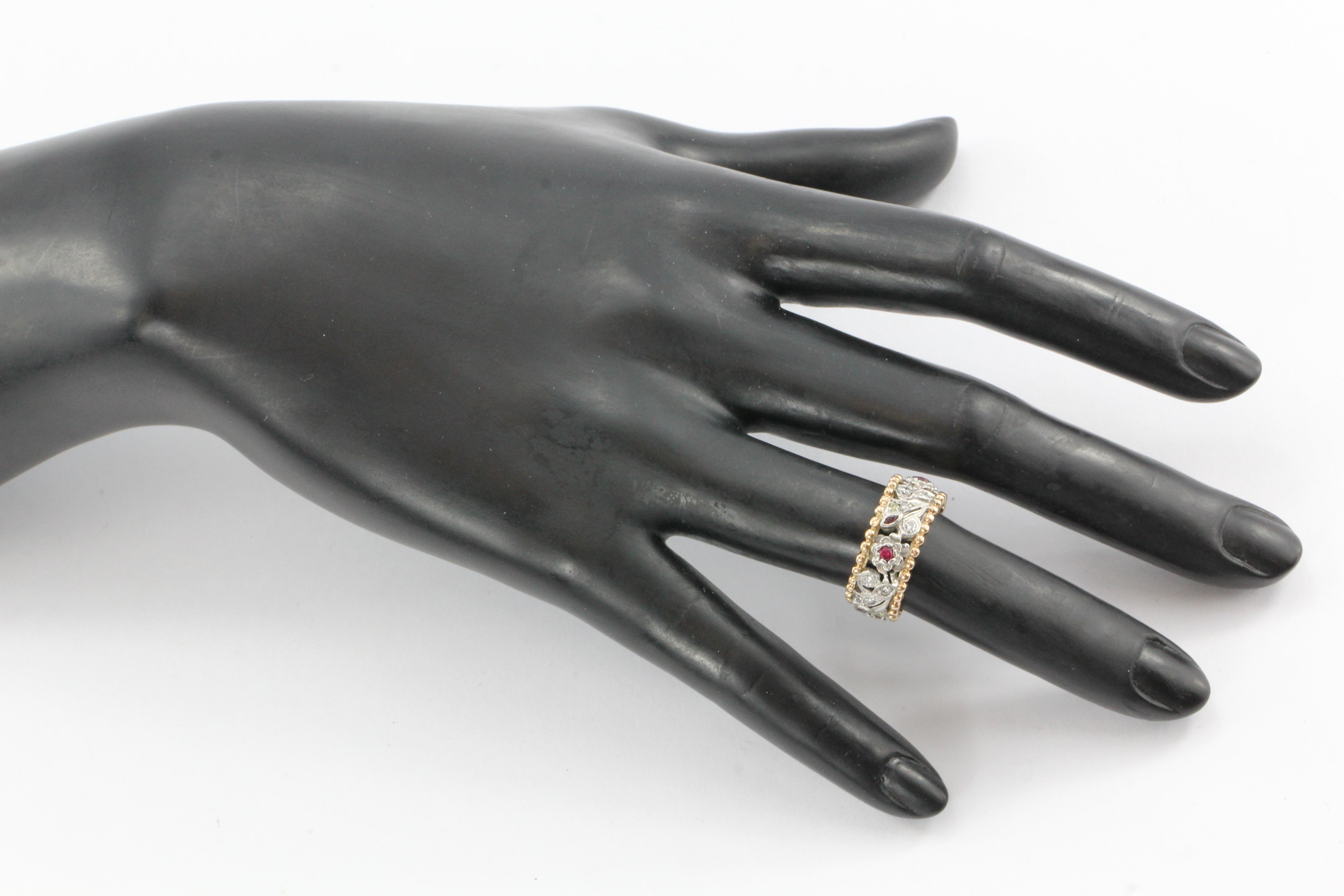Retro Platinum & 14k Rose Gold Yellow & White Diamond Ruby Cigar Band C. 1940's - Queen May