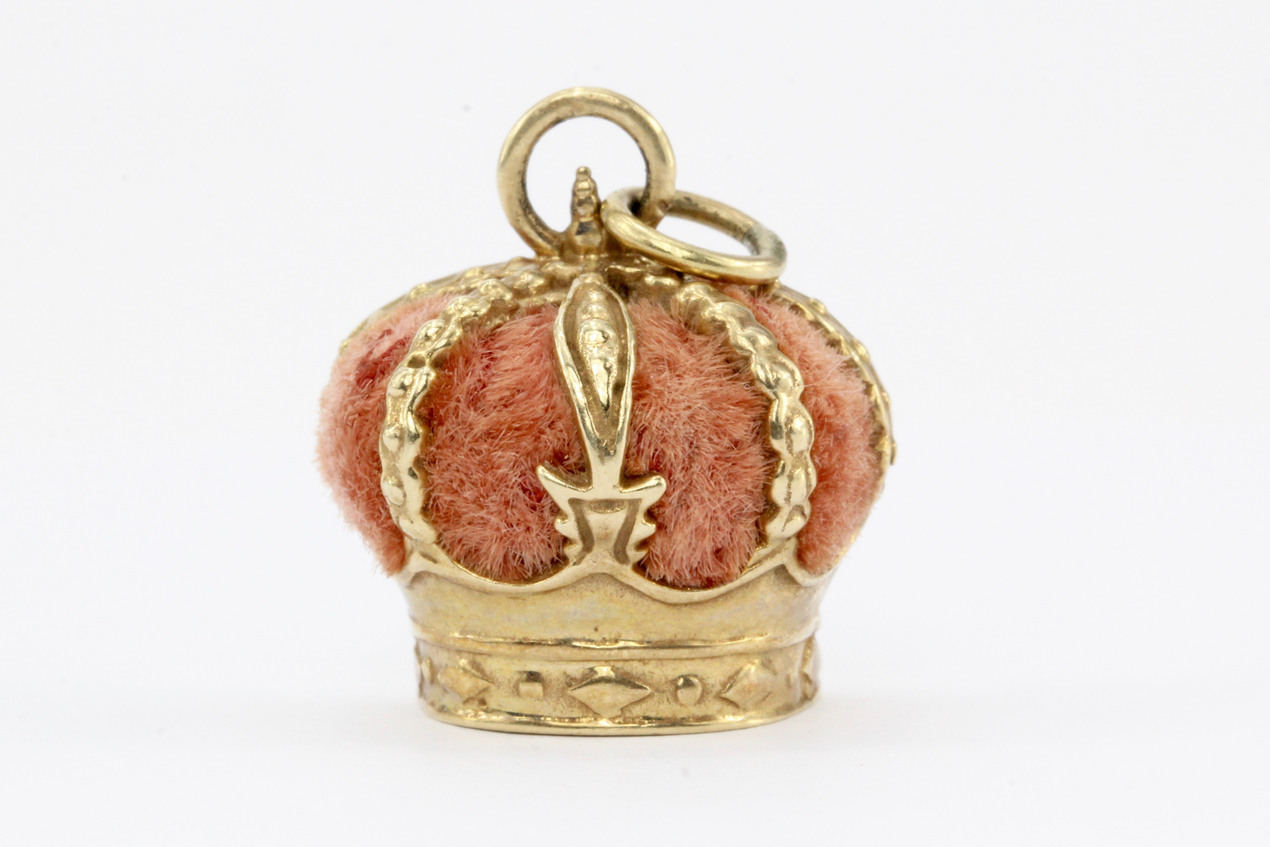 Retro 14K Gold & Pink Velvet Royal Crown Charm / Pendant - Queen May