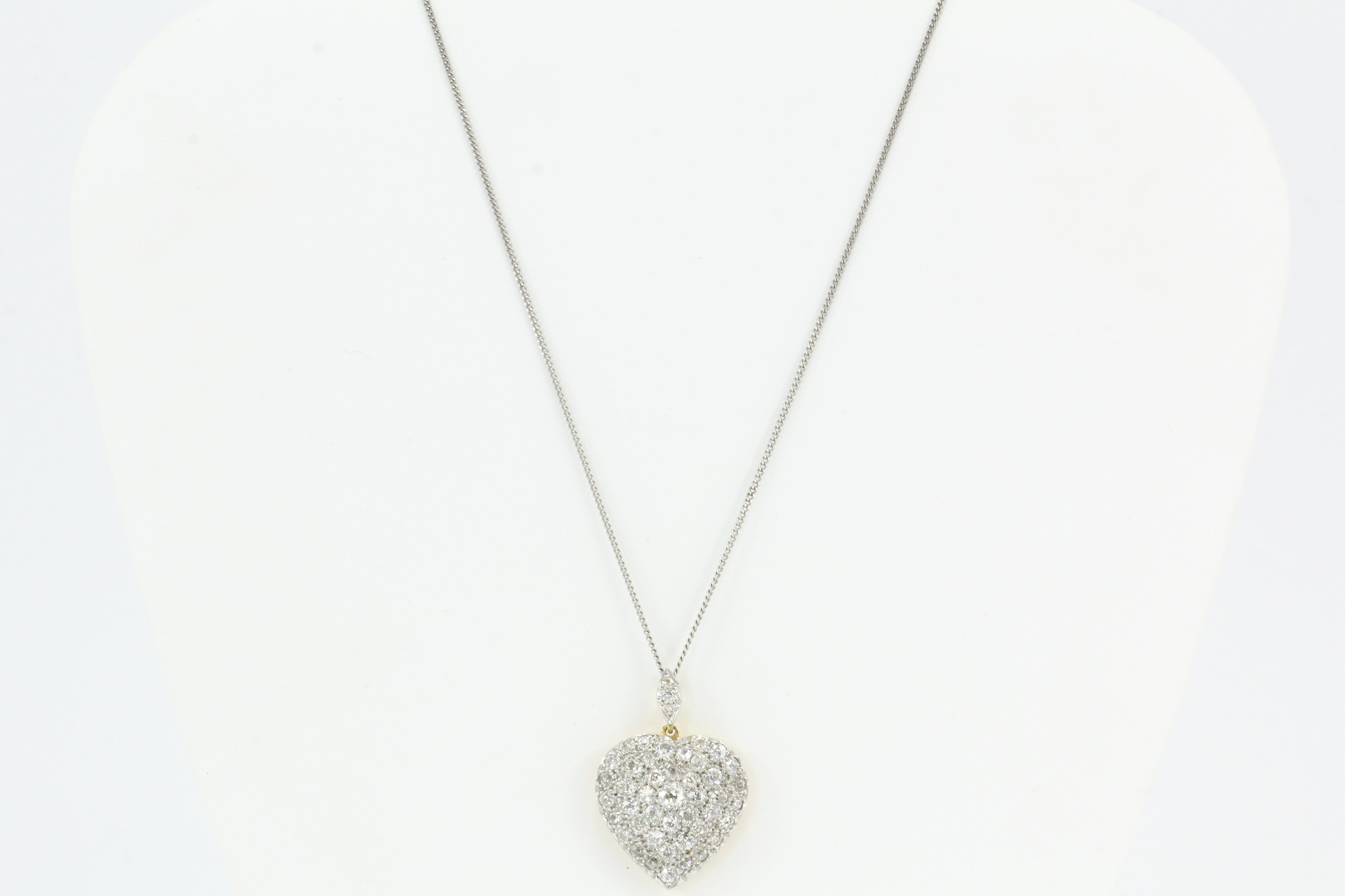 Edwardian 18K Gold and Platinum Top Old European Cut Diamond Heart Pendant 24mm - Queen May