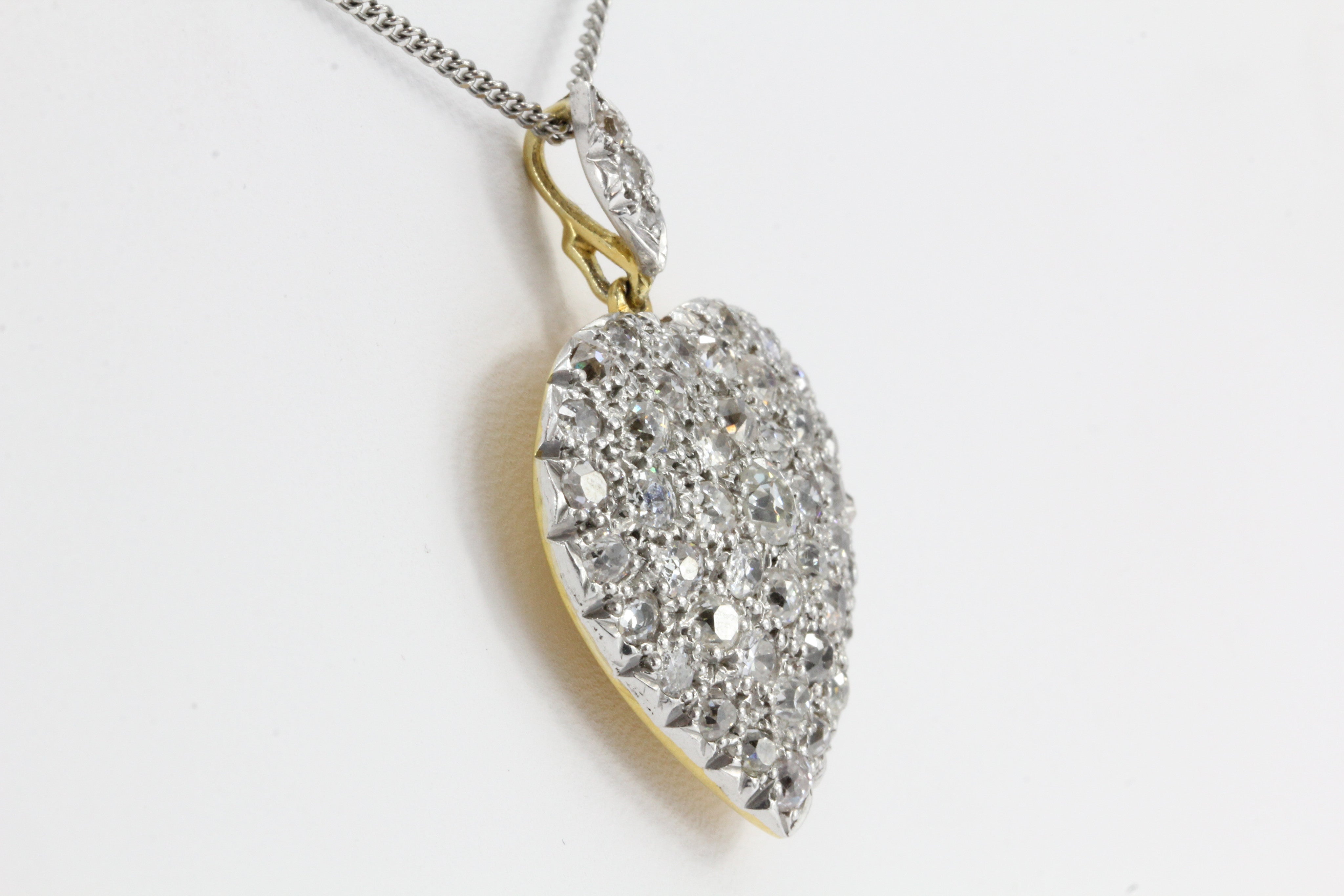Edwardian 18K Gold and Platinum Top Old European Cut Diamond Heart Pendant 24mm - Queen May