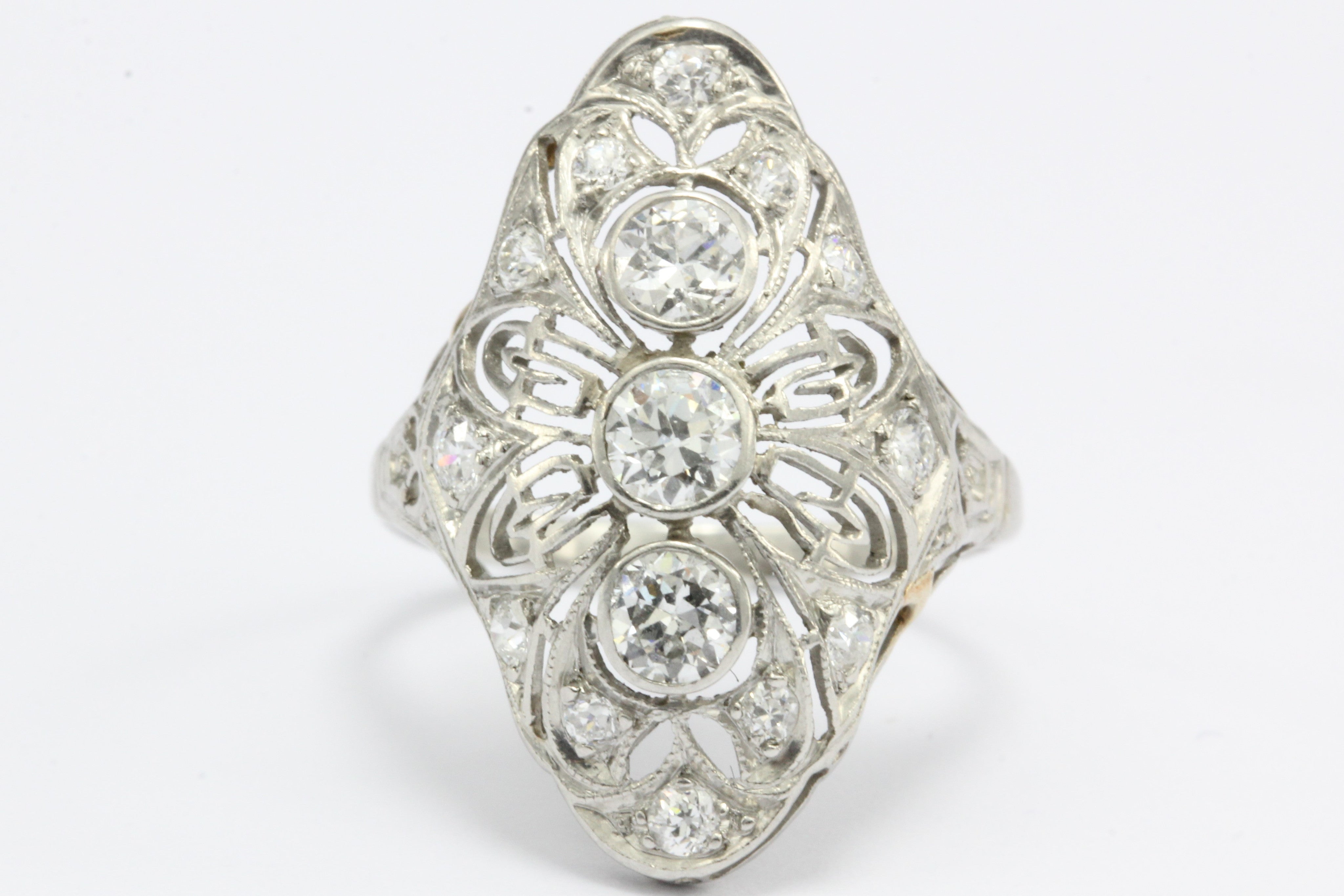 Art Deco Platinum Filigree Old European Diamond Shield Ring - Queen May