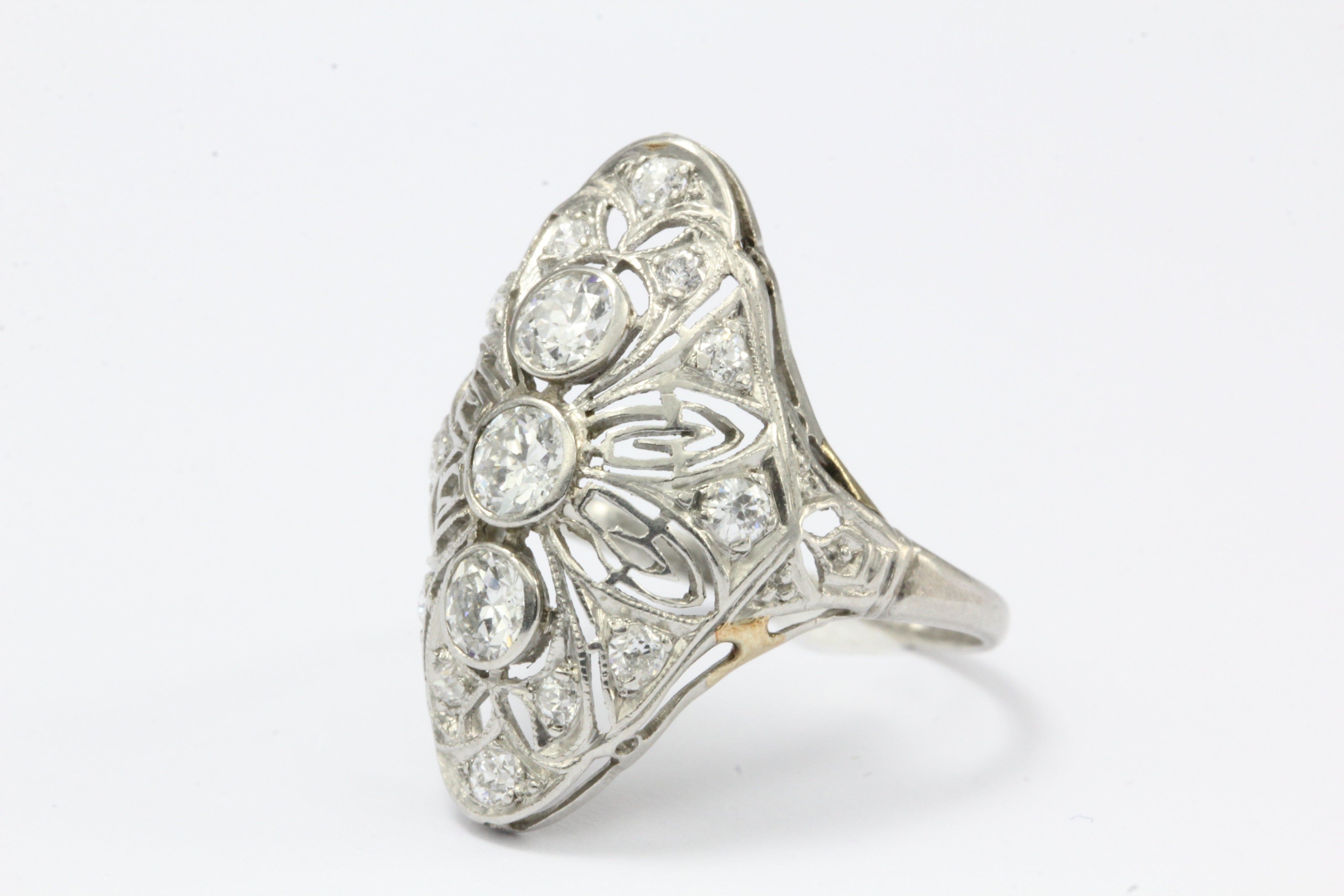 Art Deco Platinum Filigree Old European Diamond Shield Ring - Queen May