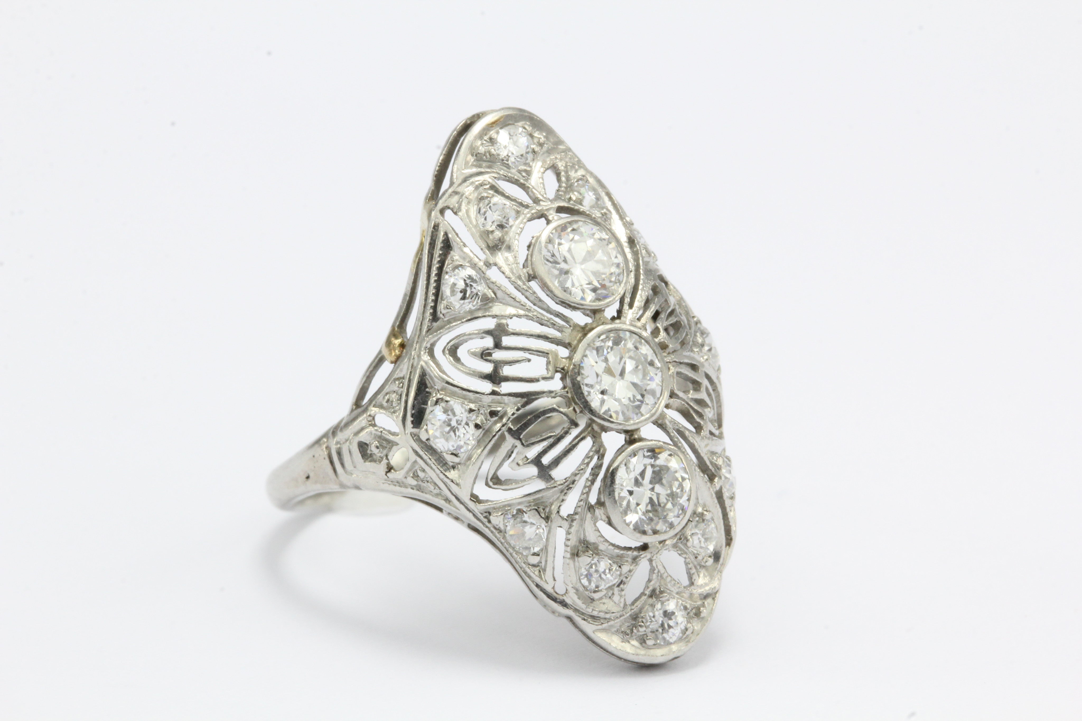 Art Deco Platinum Filigree Old European Diamond Shield Ring - Queen May