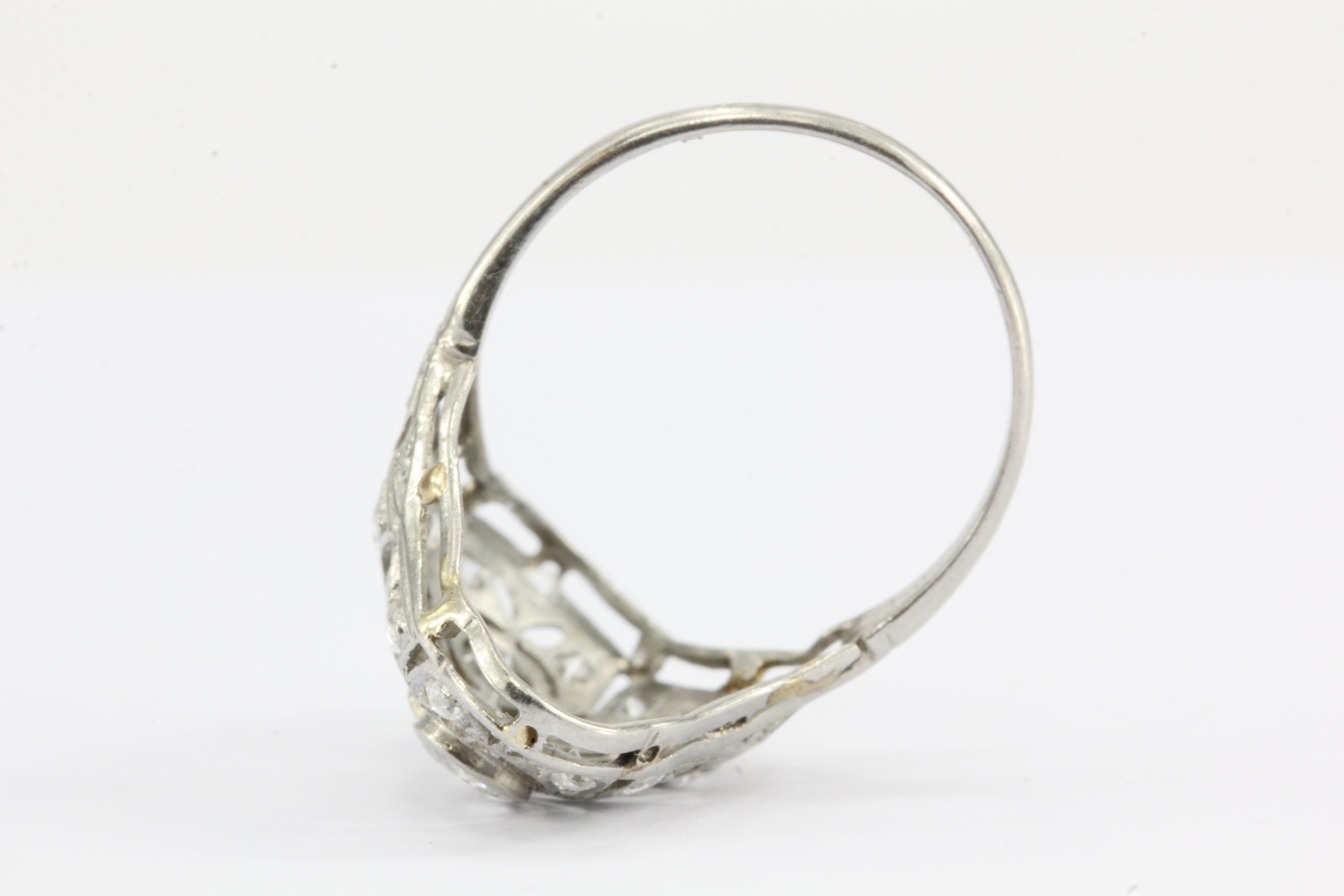Art Deco Platinum Filigree Old European Diamond Shield Ring - Queen May