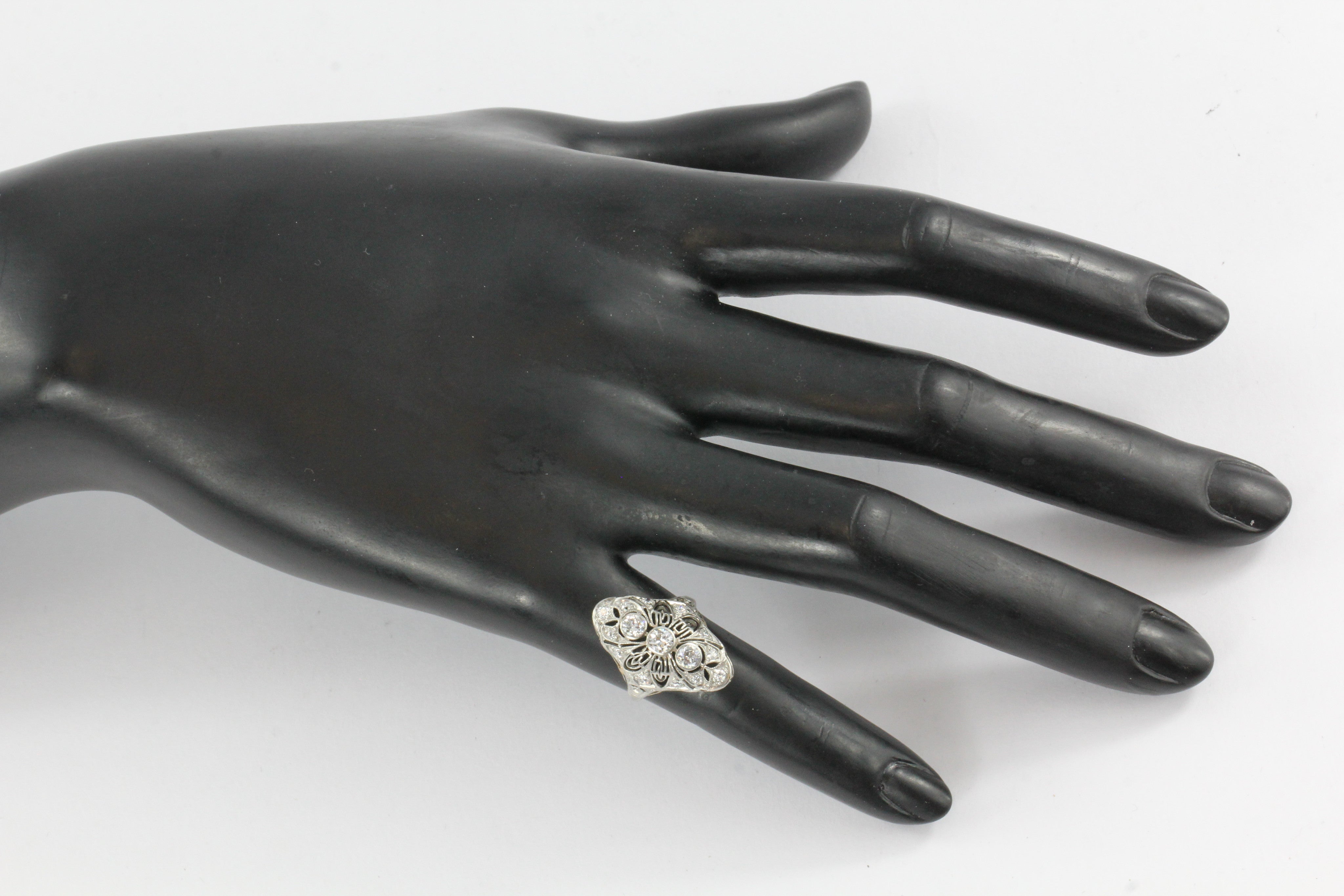 Art Deco Platinum Filigree Old European Diamond Shield Ring - Queen May