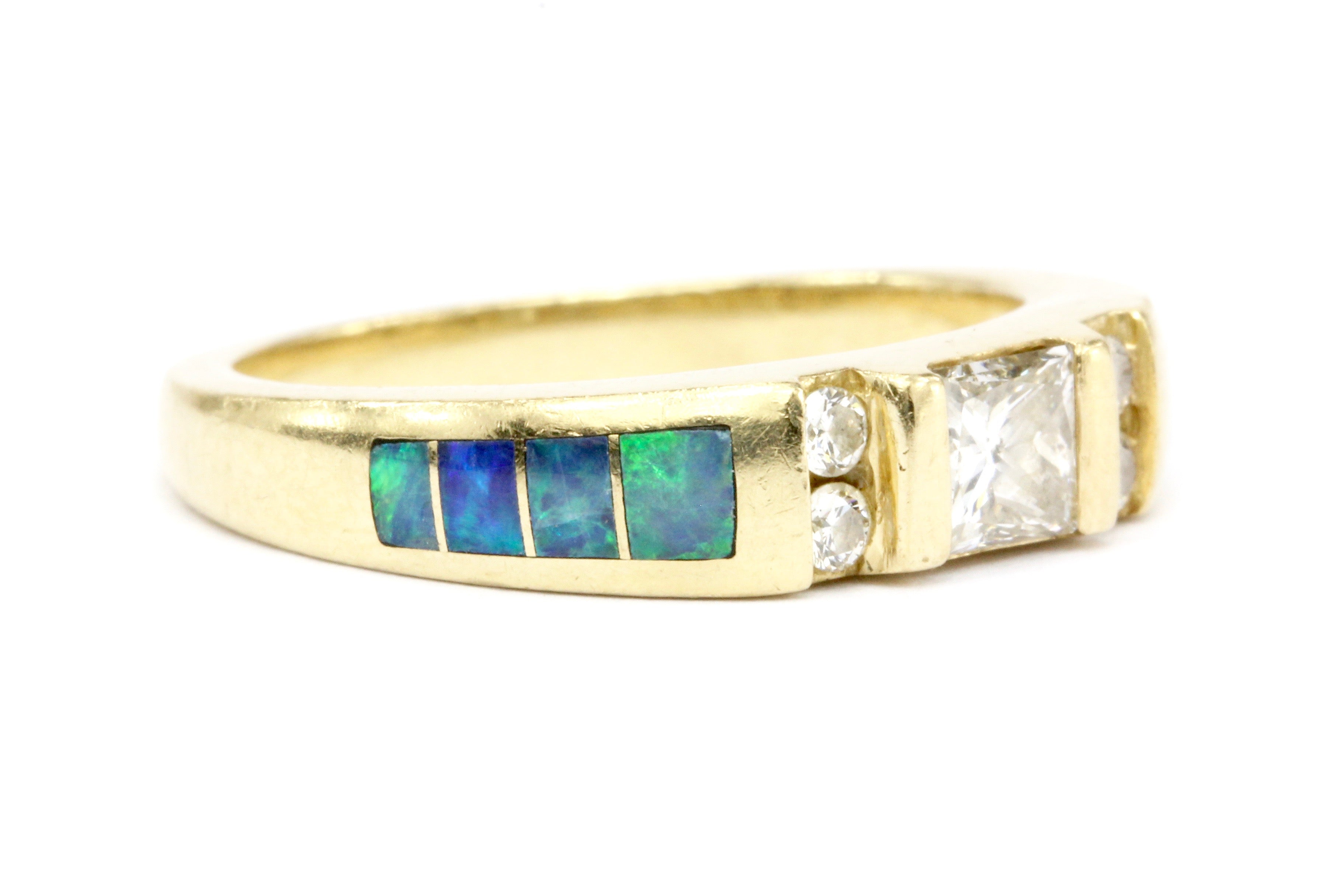 Kabana 14K Gold Princess Cut Diamond & Opal Inlaid Ring Band - Queen May