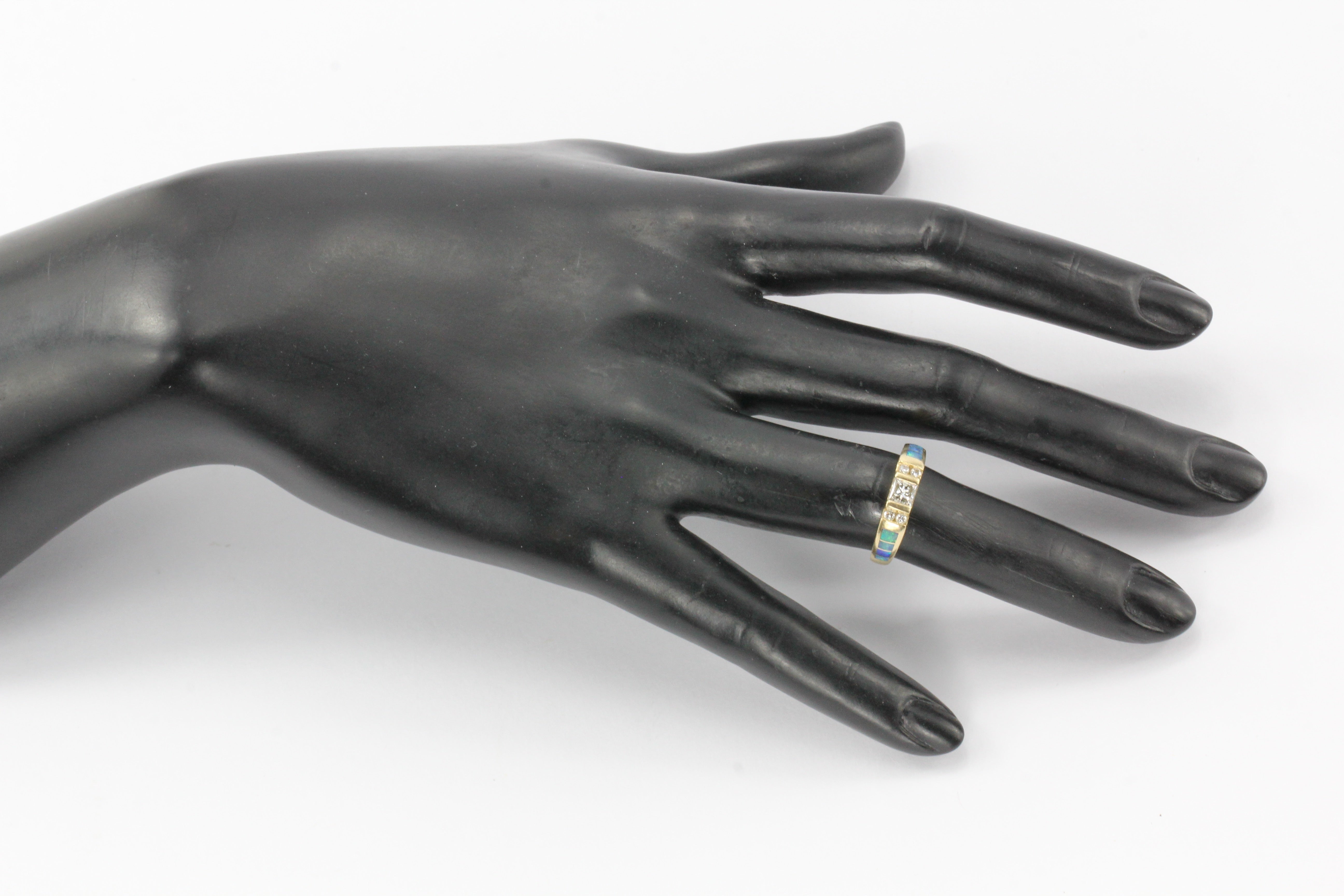 Kabana 14K Gold Princess Cut Diamond & Opal Inlaid Ring Band - Queen May