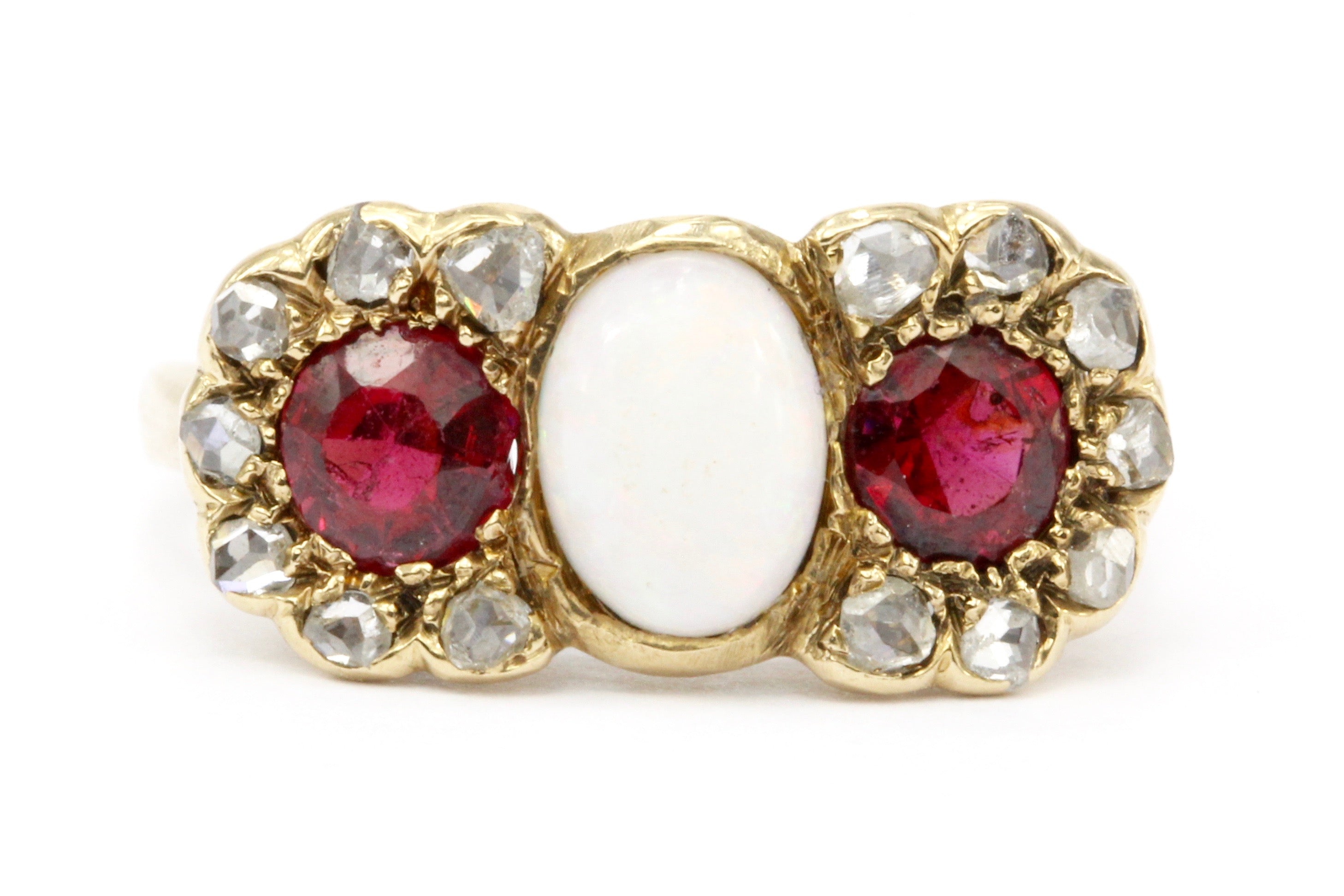 Victorian 10K Gold Opal, Garnet & Rose Cut Diamond Ring c.1890's - Queen May