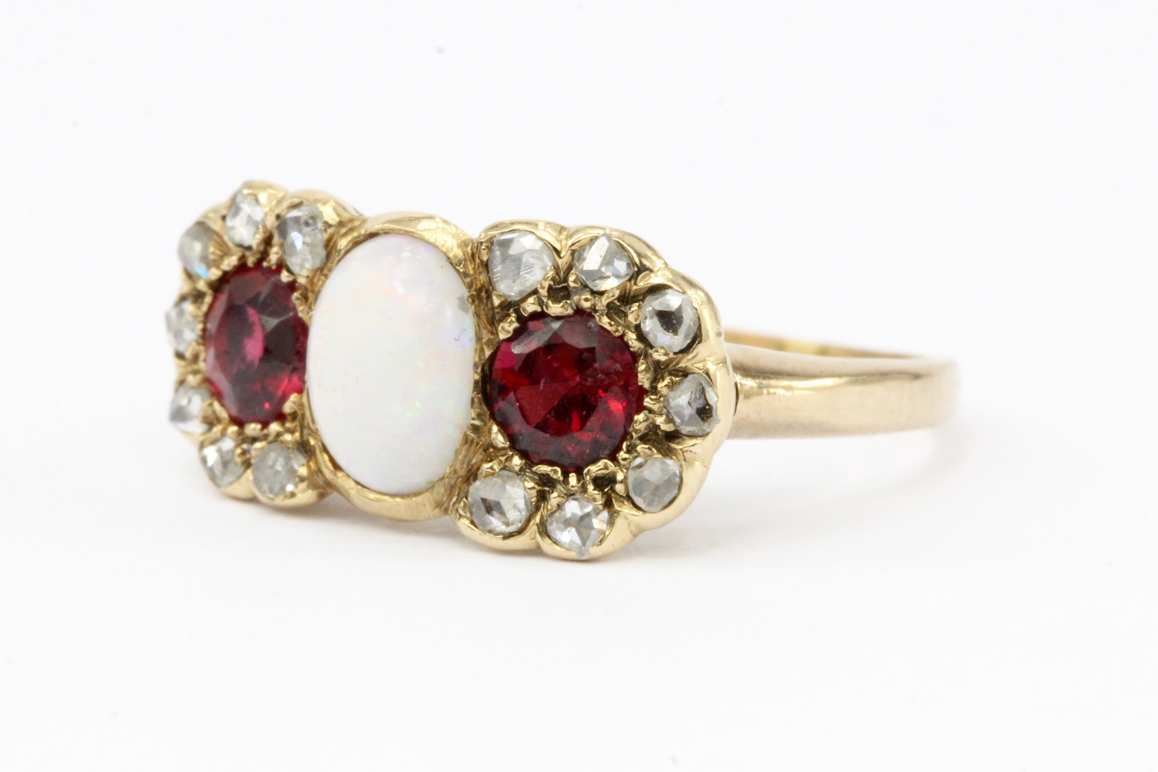 Victorian 10K Gold Opal, Garnet & Rose Cut Diamond Ring c.1890's - Queen May