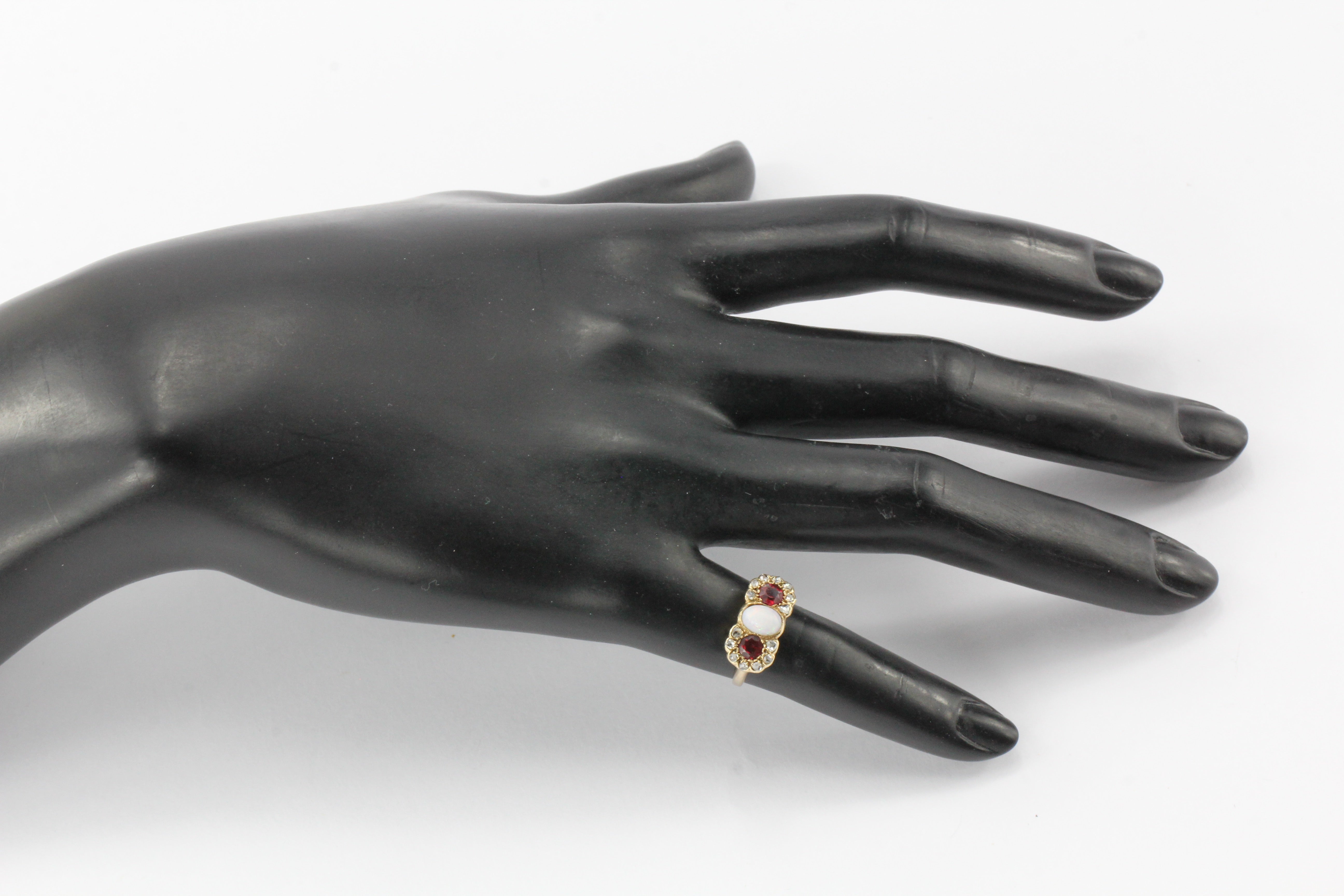 Victorian 10K Gold Opal, Garnet & Rose Cut Diamond Ring c.1890's - Queen May