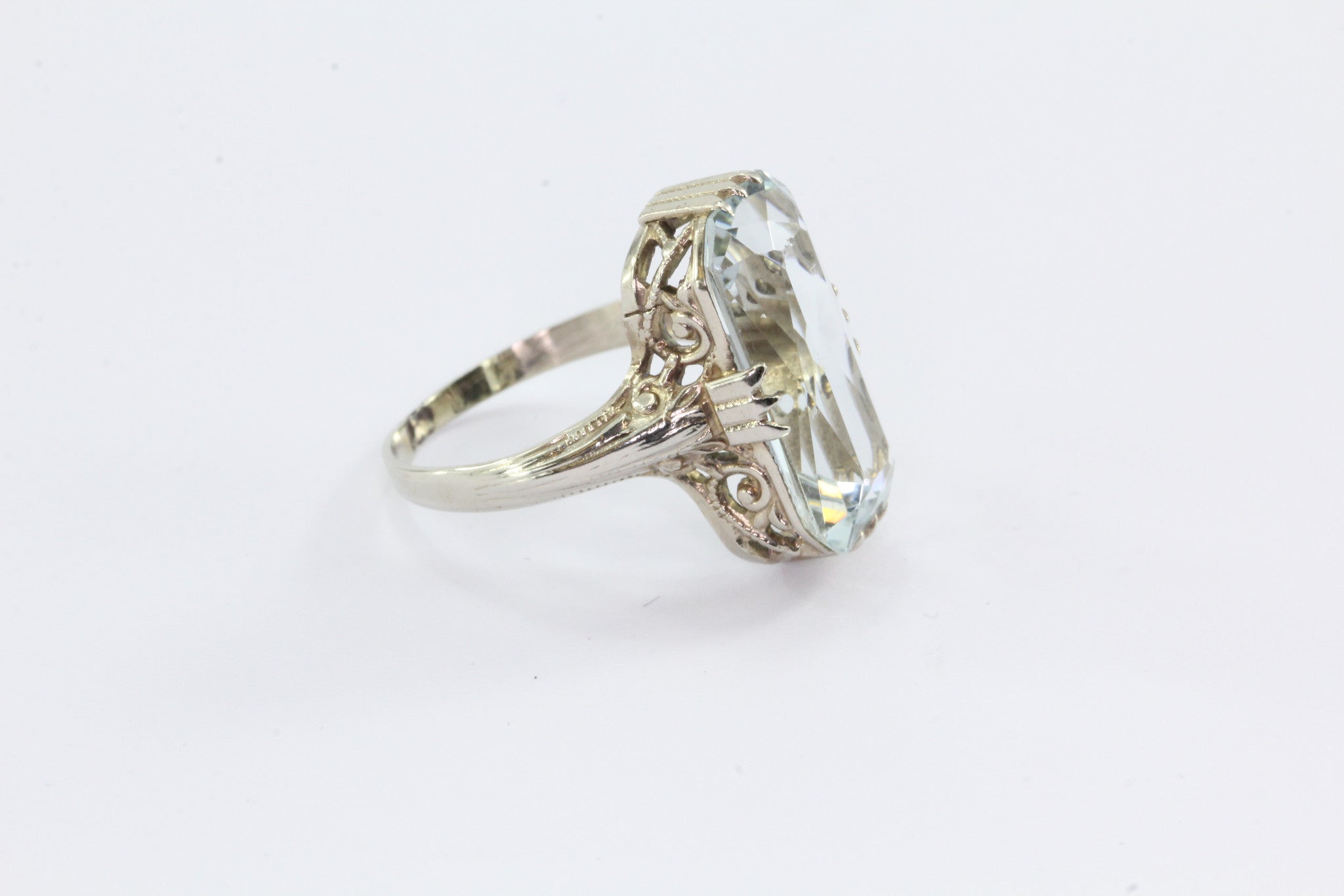 Antique Art Deco Aquamarine 4.5 Carat 14K White Gold Ring - Queen May