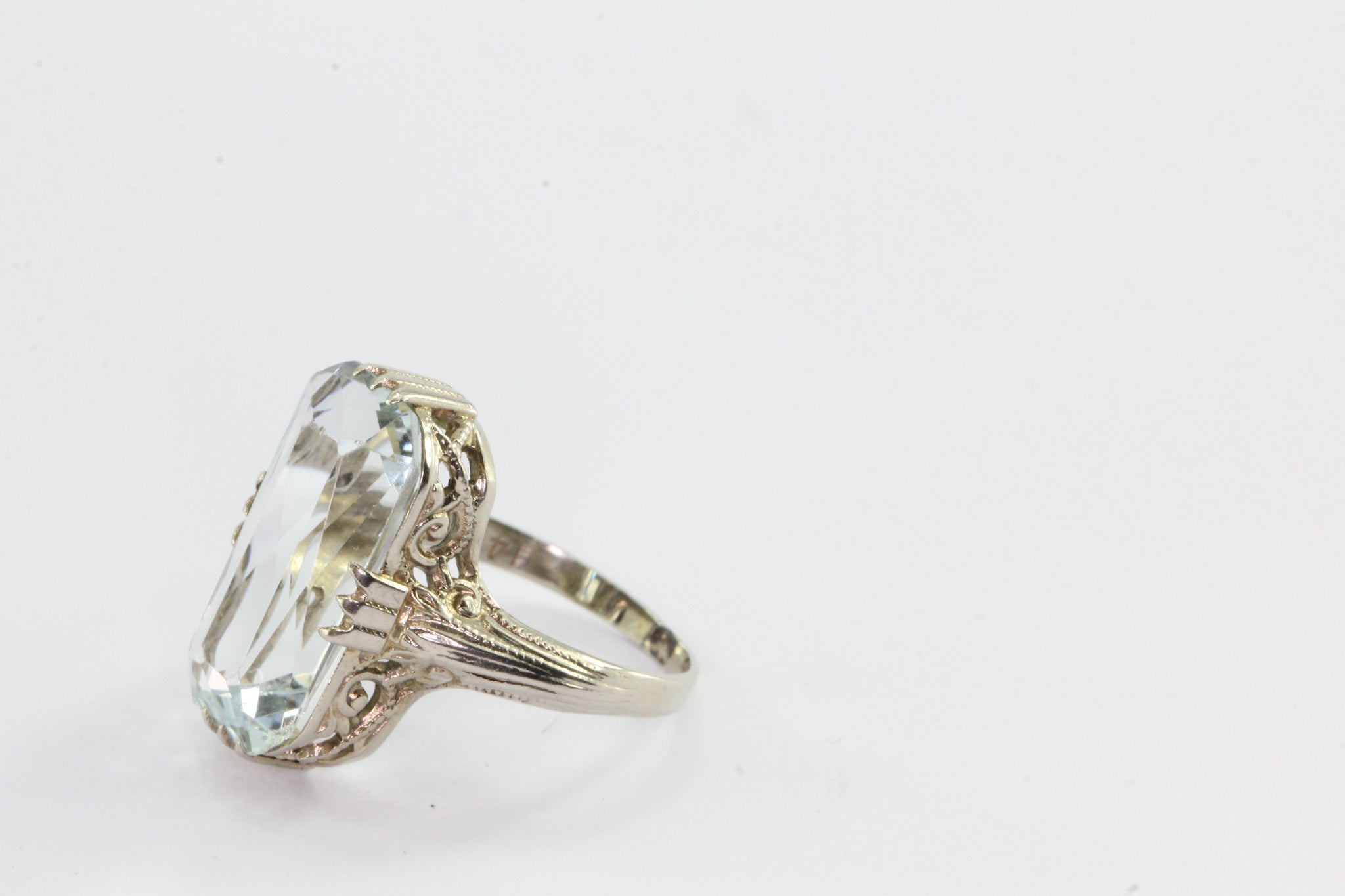 Antique Art Deco Aquamarine 4.5 Carat 14K White Gold Ring - Queen May