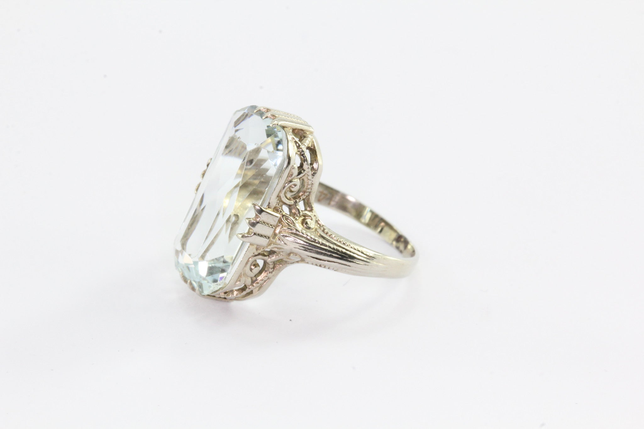 Antique Art Deco Aquamarine 4.5 Carat 14K White Gold Ring - Queen May