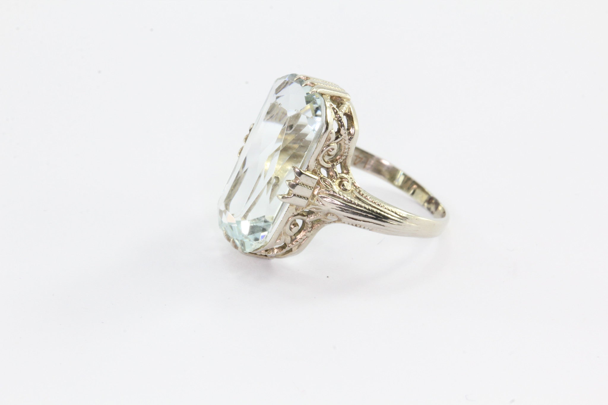 Antique Art Deco Aquamarine 4.5 Carat 14K White Gold Ring - Queen May