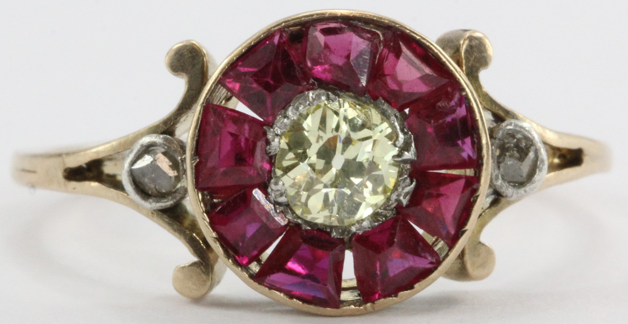 Victorian Fancy Yellow Old Mine / Rose Cut Diamond Ruby 18K Gold Silver Ring - Queen May