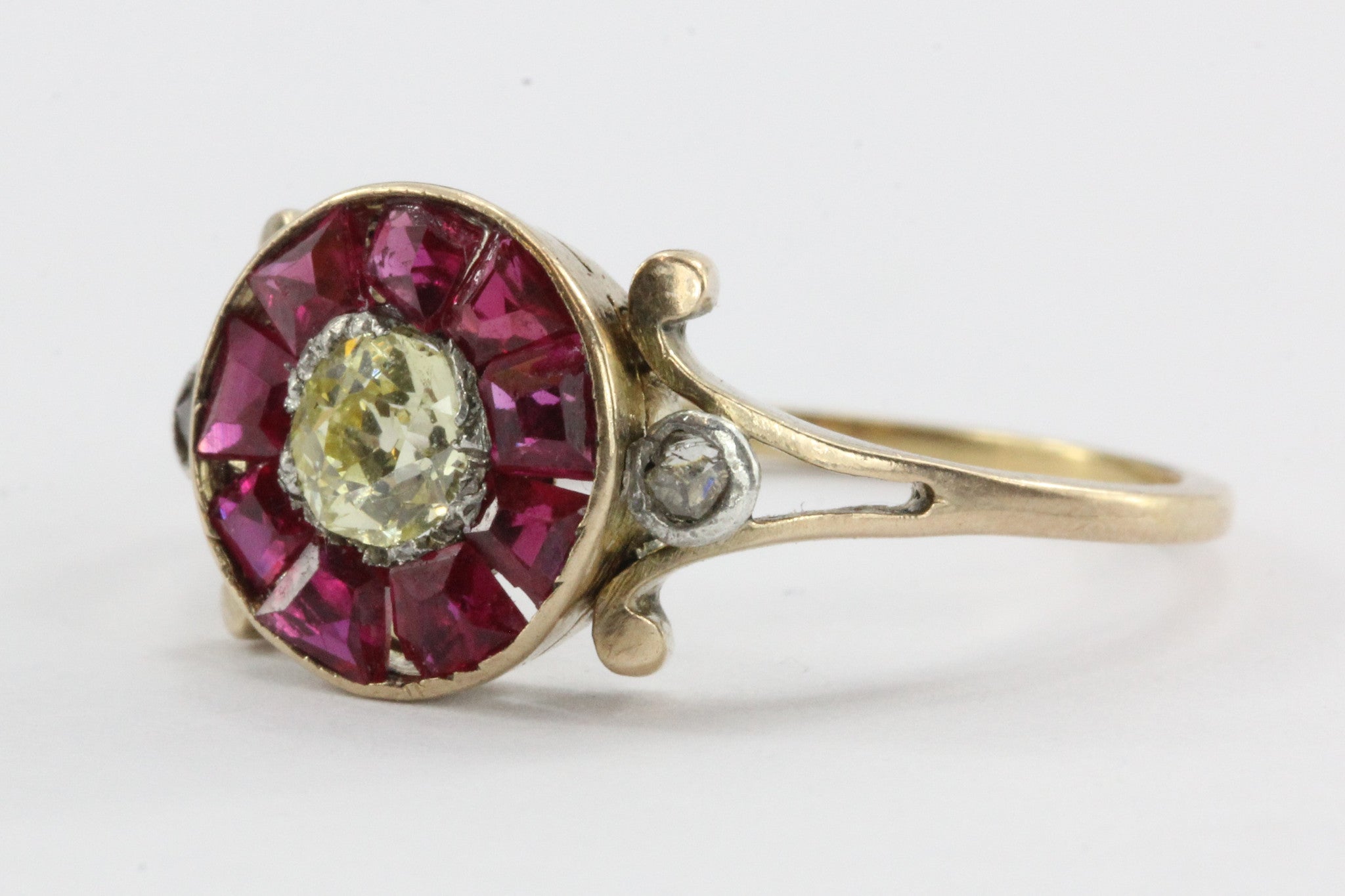 Victorian Fancy Yellow Old Mine / Rose Cut Diamond Ruby 18K Gold Silver Ring - Queen May