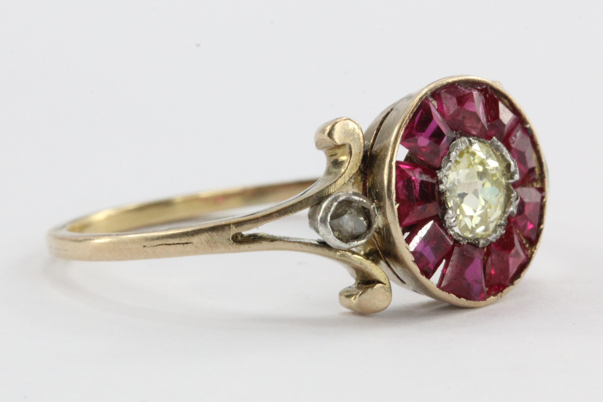 Victorian Fancy Yellow Old Mine / Rose Cut Diamond Ruby 18K Gold Silver Ring - Queen May