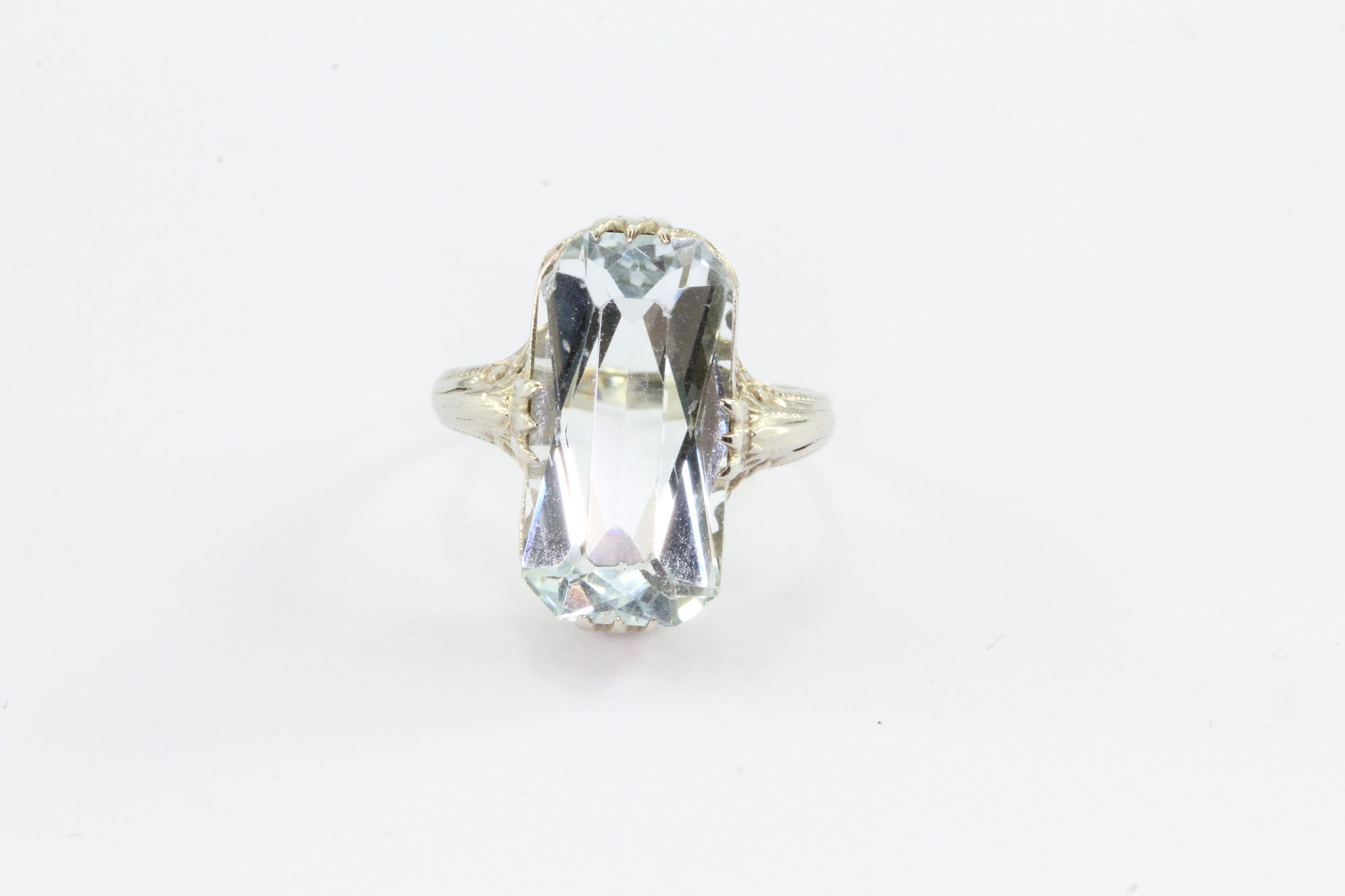 Antique Art Deco Aquamarine 4.5 Carat 14K White Gold Ring - Queen May