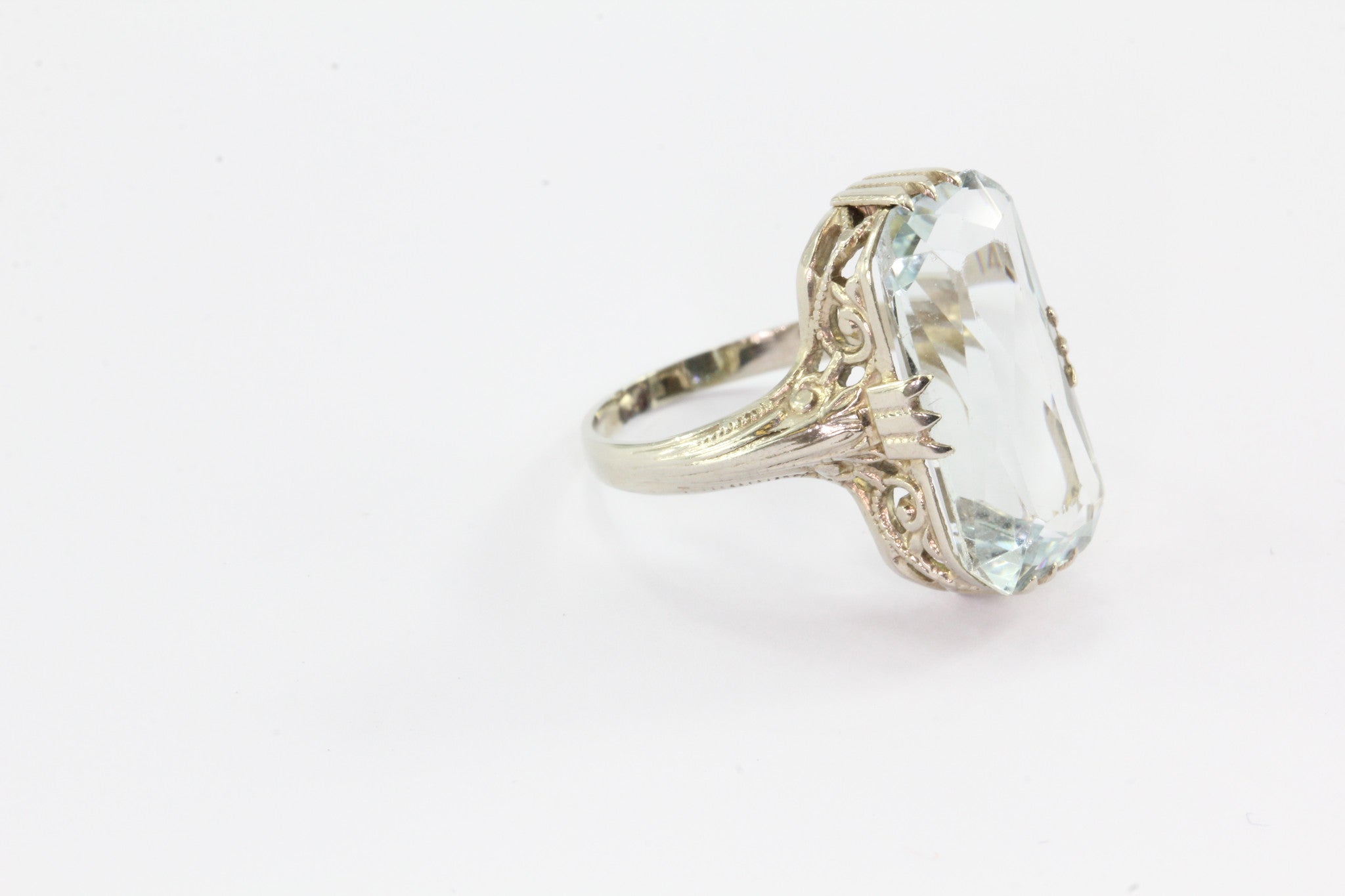 Antique Art Deco Aquamarine 4.5 Carat 14K White Gold Ring - Queen May