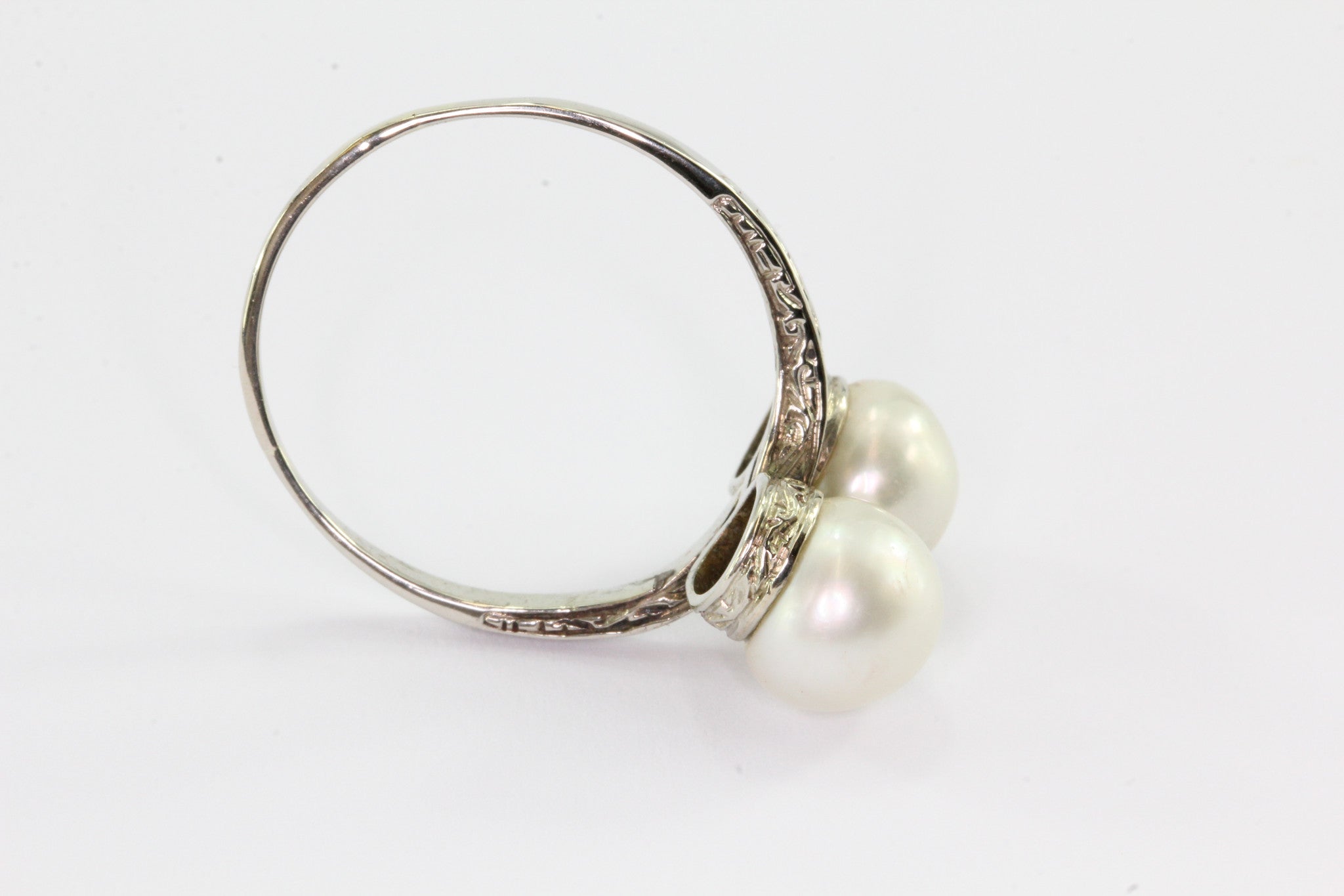 Antique Art Deco 14K White Gold Double Pearl Engagement Ring Size 7.25 - Queen May