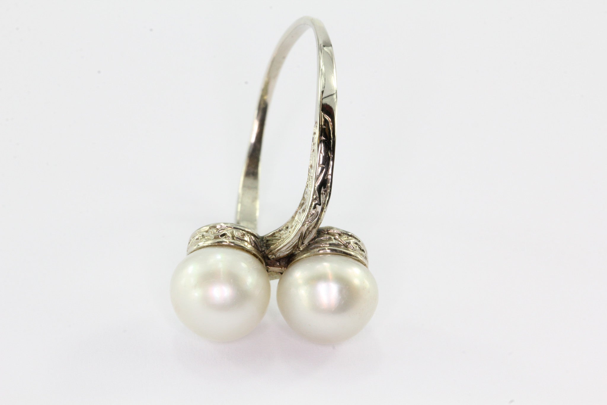 Antique Art Deco 14K White Gold Double Pearl Engagement Ring Size 7.25 - Queen May