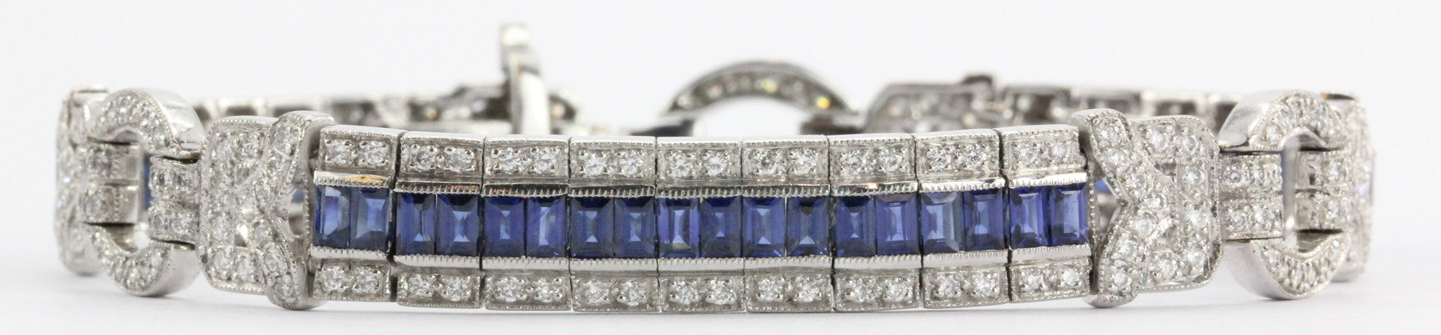 Antique Art Deco 18K White Gold Diamond & Sapphire Tennis Bracelet - Queen May
