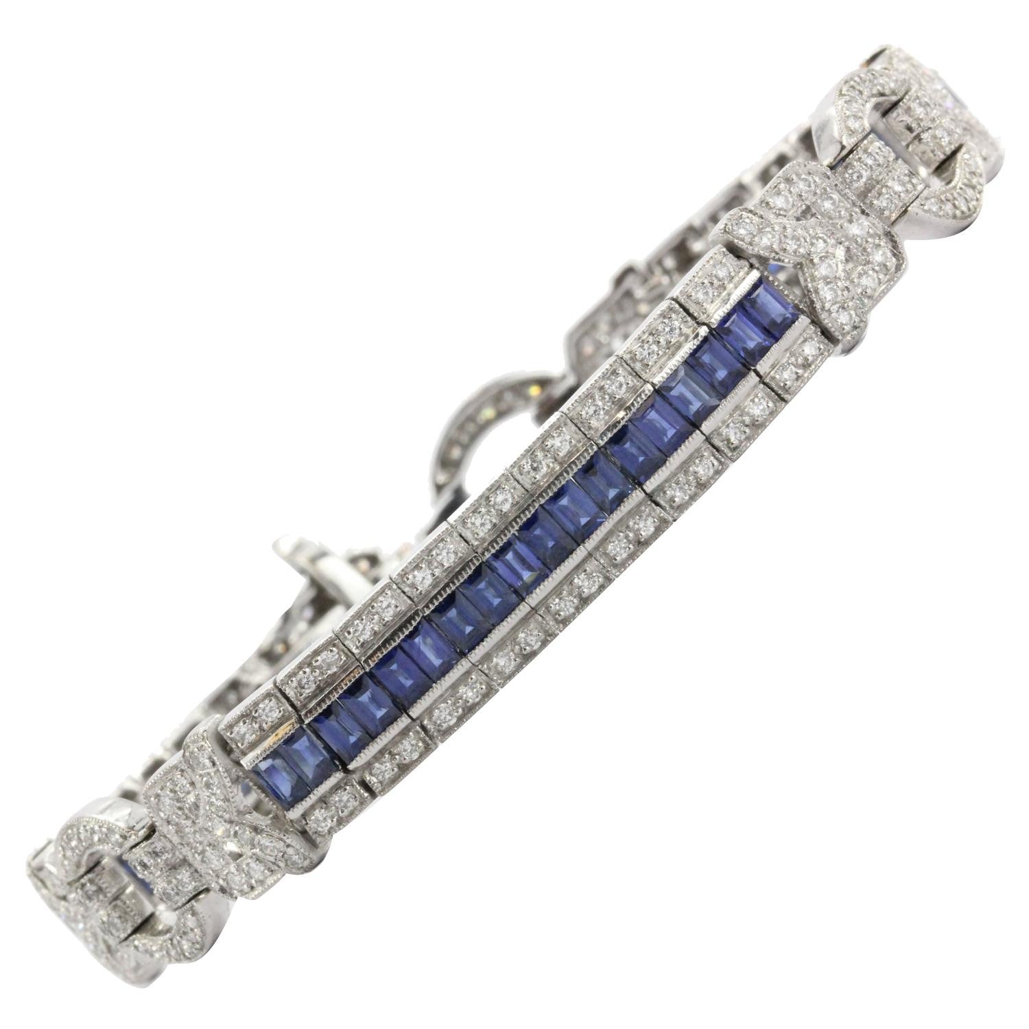 Antique Art Deco 18K White Gold Diamond & Sapphire Tennis Bracelet - Queen May