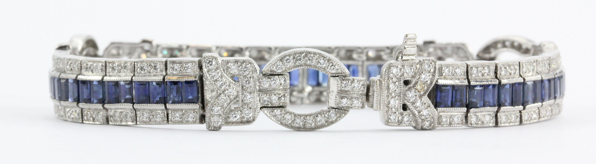Antique Art Deco 18K White Gold Diamond & Sapphire Tennis Bracelet - Queen May