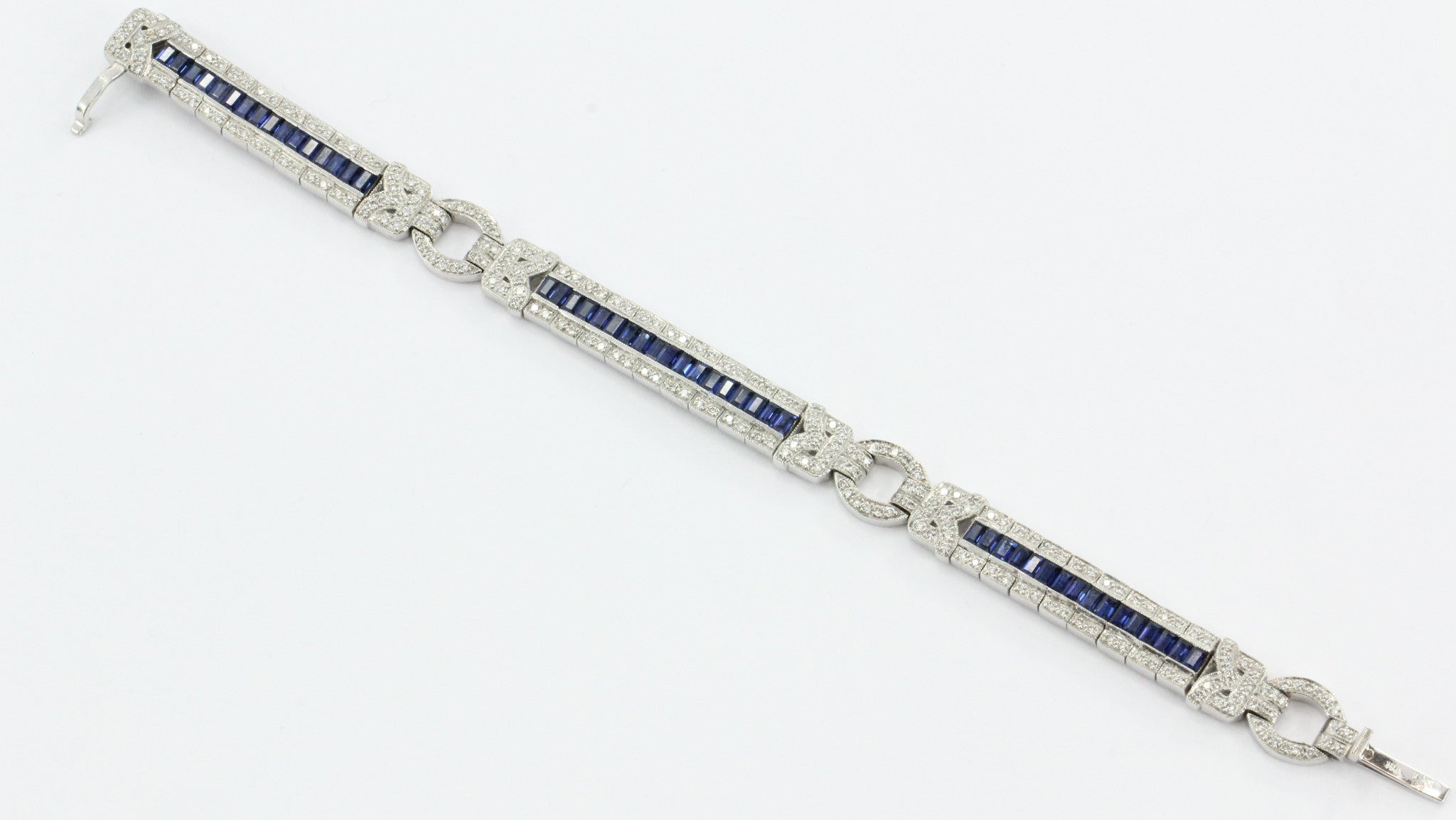 Antique Art Deco 18K White Gold Diamond & Sapphire Tennis Bracelet - Queen May
