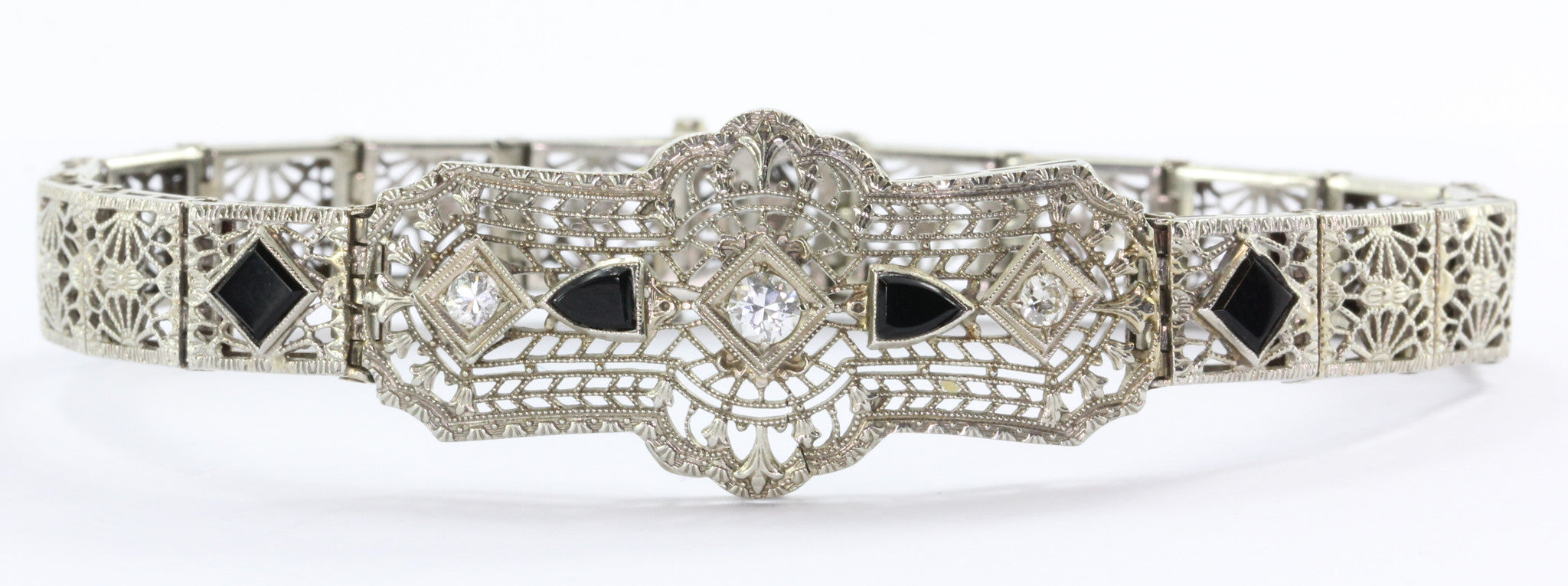 Antique 18K Gold Art Deco Diamond & Onyx Bracelet - Queen May