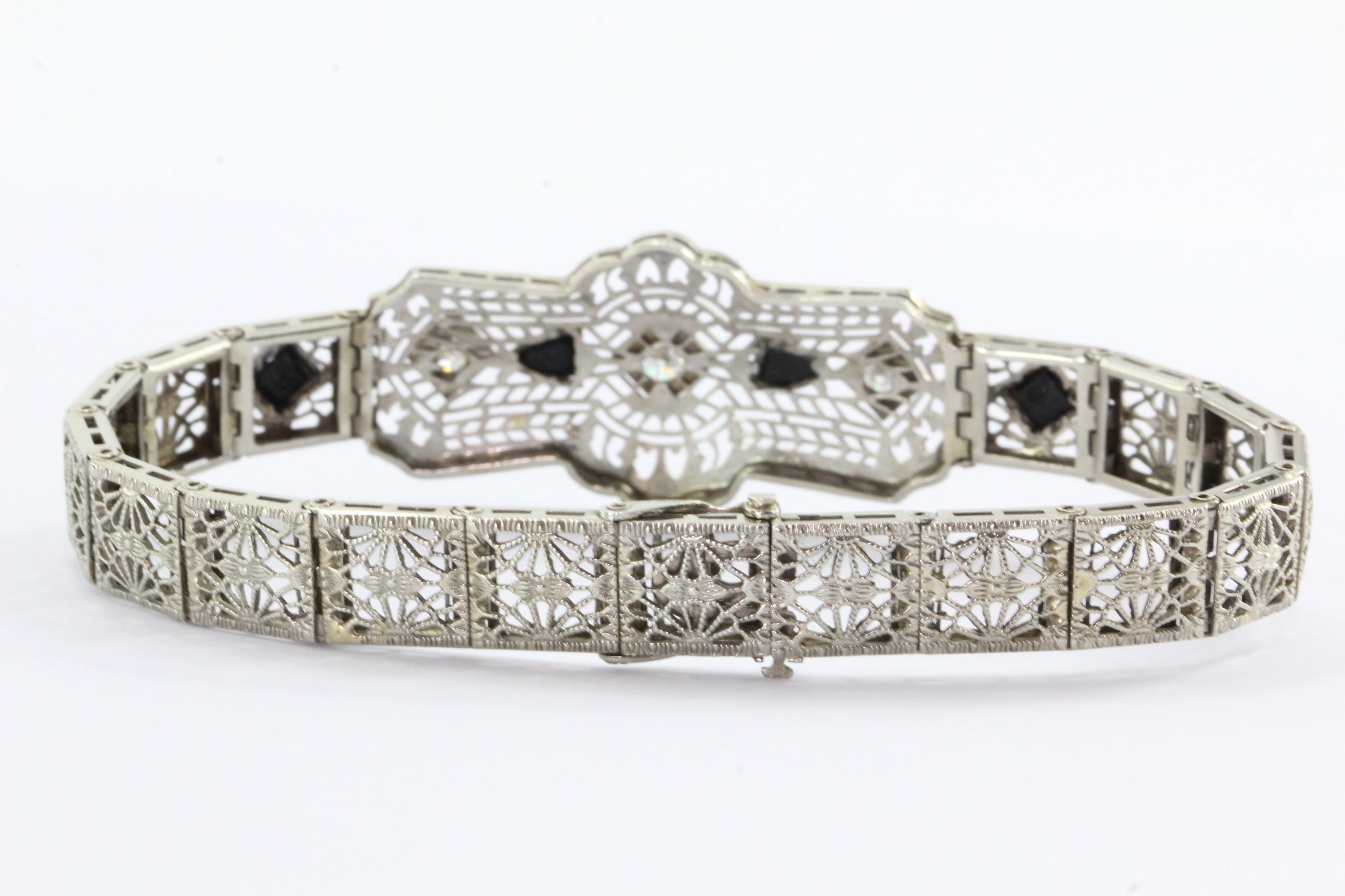 Antique 18K Gold Art Deco Diamond & Onyx Bracelet - Queen May