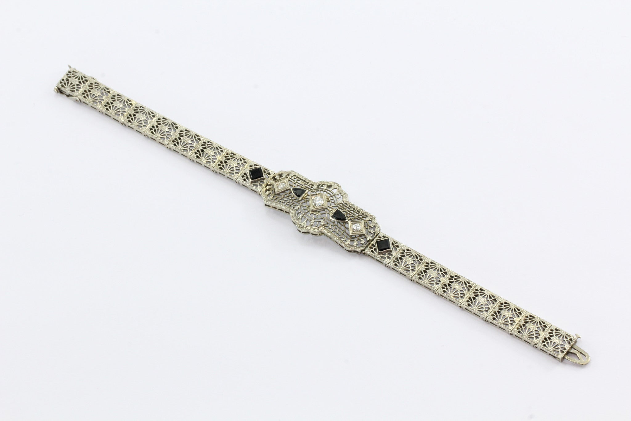 Antique 18K Gold Art Deco Diamond & Onyx Bracelet - Queen May
